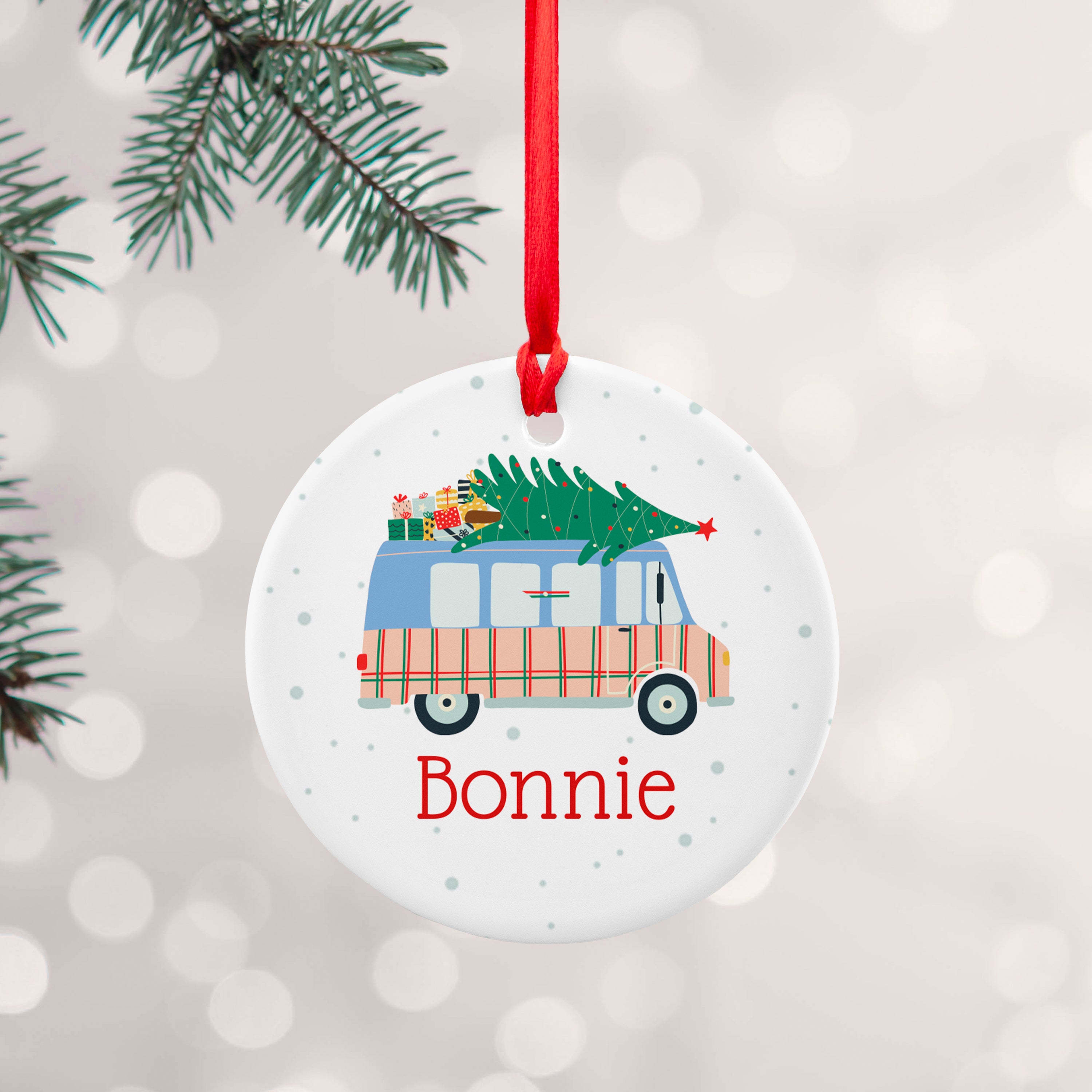 Personalised Christmas Tree Van Ceramic Decoration