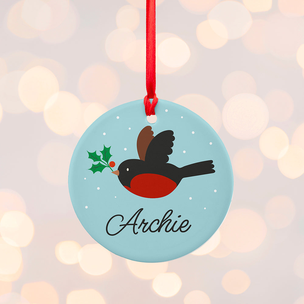 Personalised Holly Robin Christmas Decoration