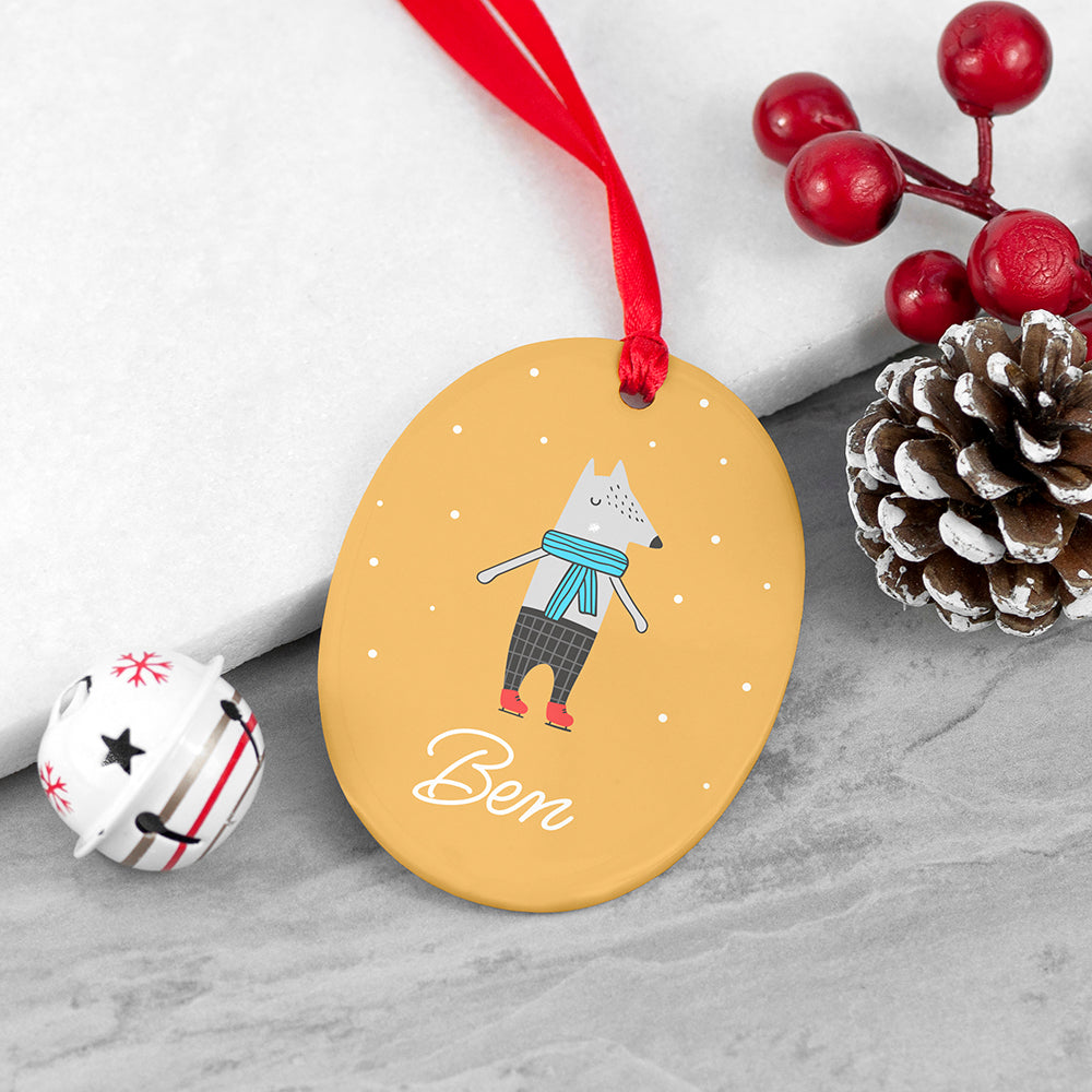 Personalised Winter Wolf Ceramic Decoration