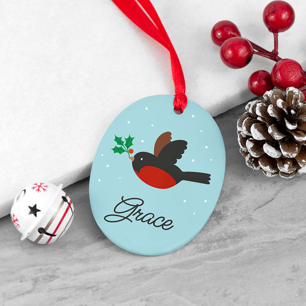 Personalised Holly Robin Christmas Decoration