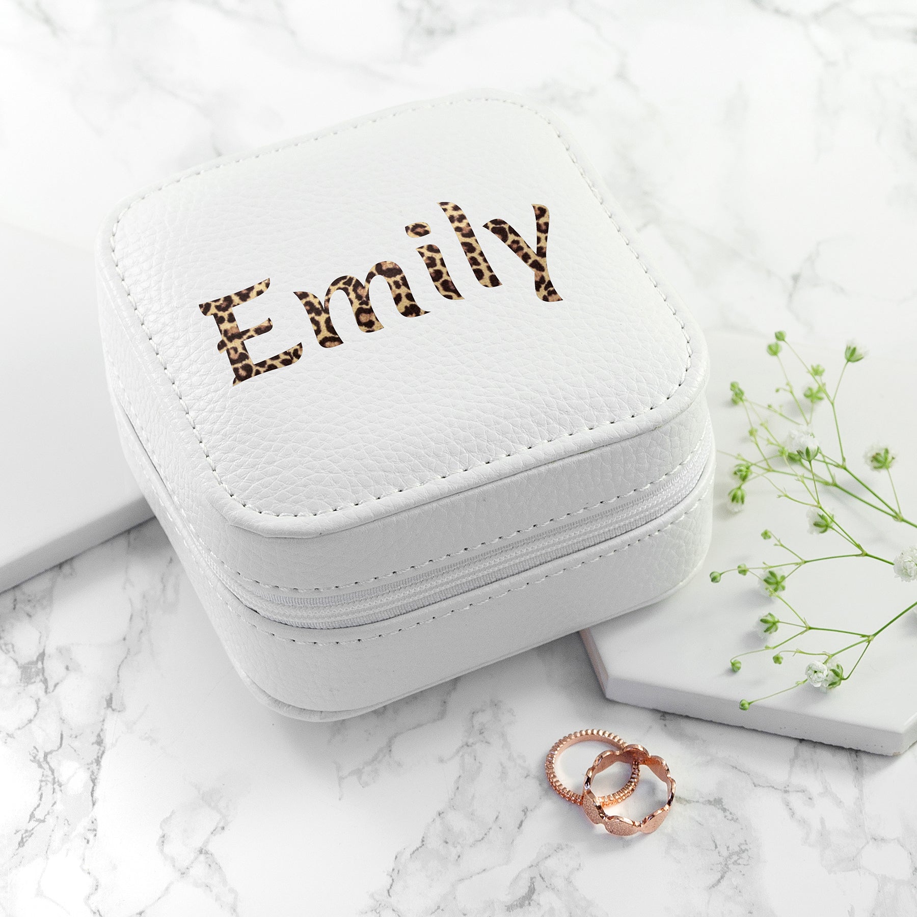 Personalised Animal Print White Travel Jewellery Case