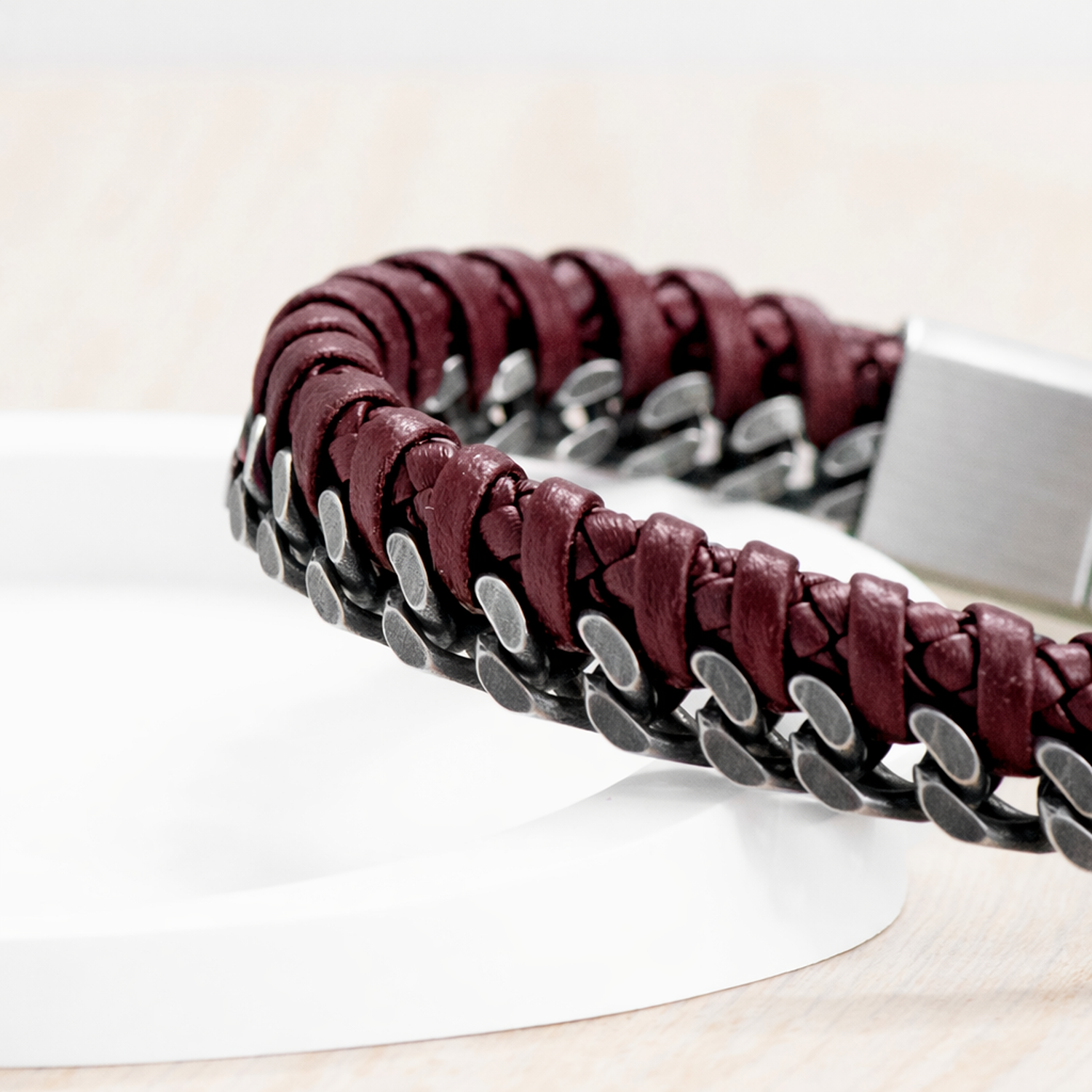 Personalised Men's Woven Leather and Stainless Steel Bracelet