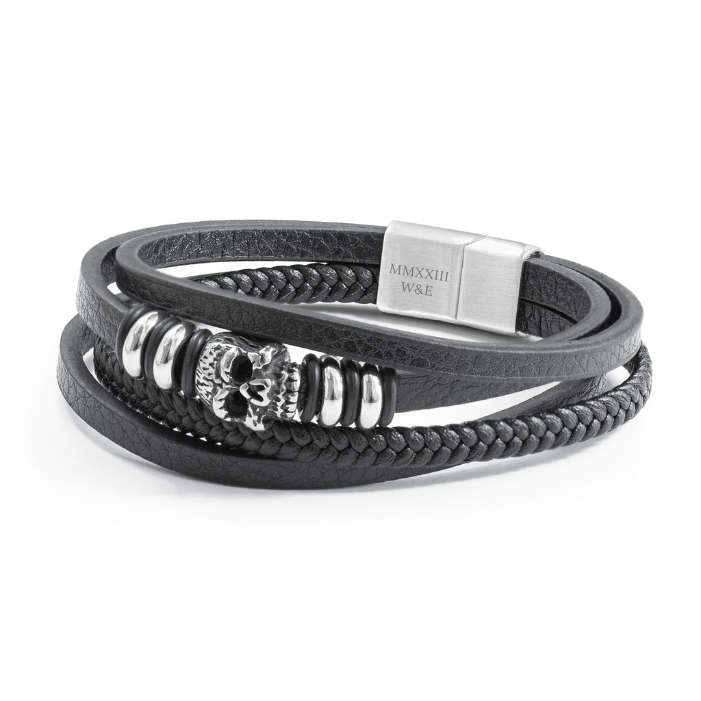 Personalised Men's Stacked Leather Skull Bracelet