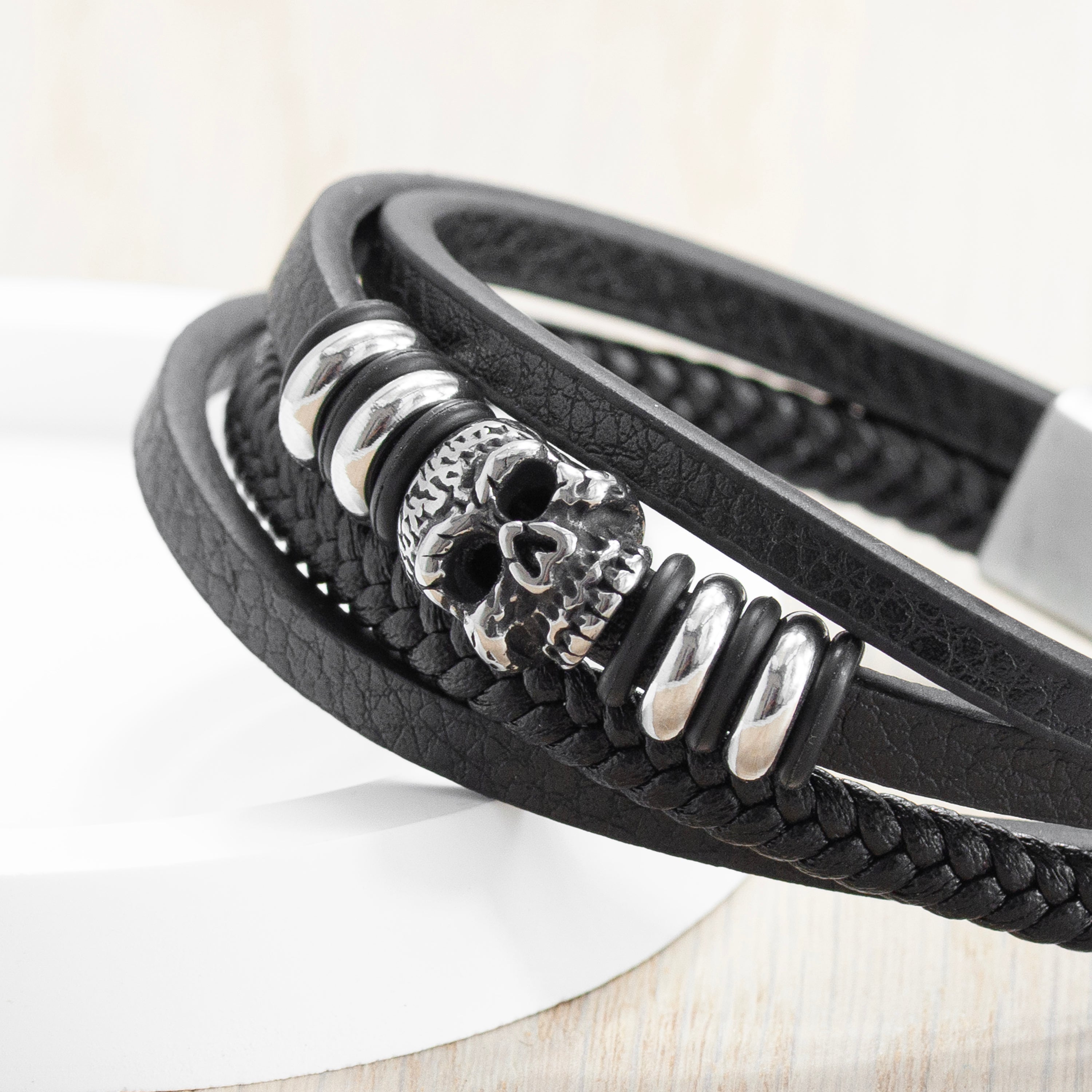Personalised Men's Stacked Leather Skull Bracelet