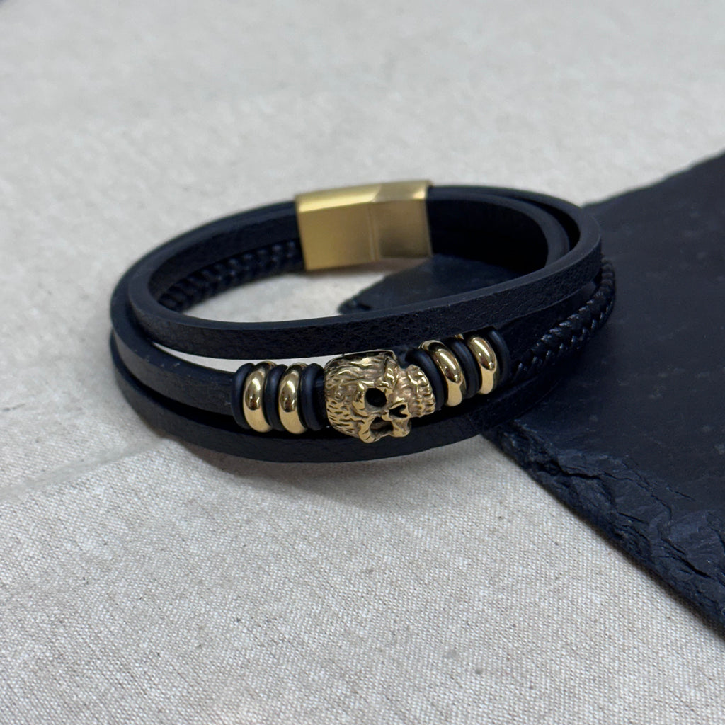 Personalised Men's Stacked Leather Skull Bracelet