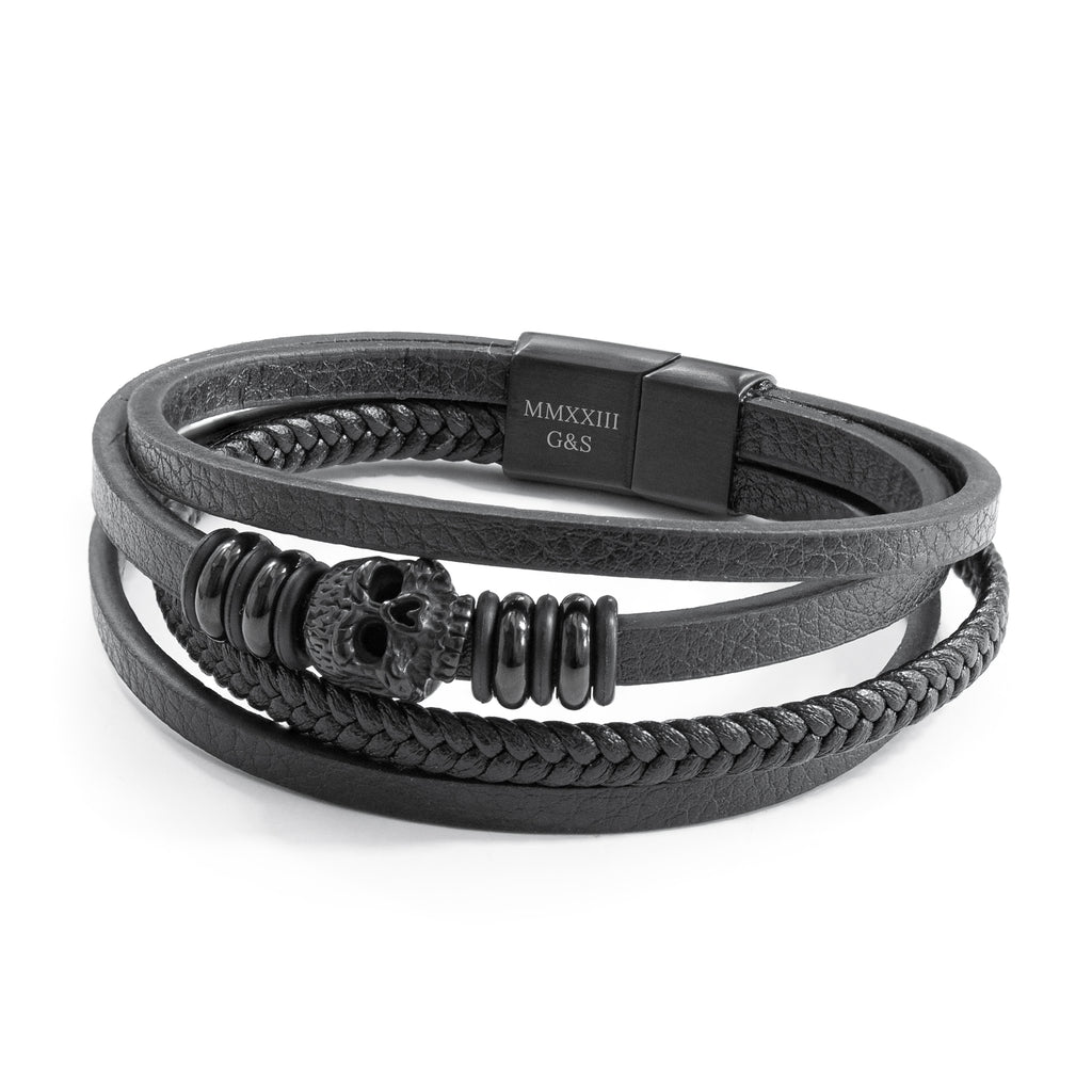 Personalised Men's Stacked Leather Skull Bracelet