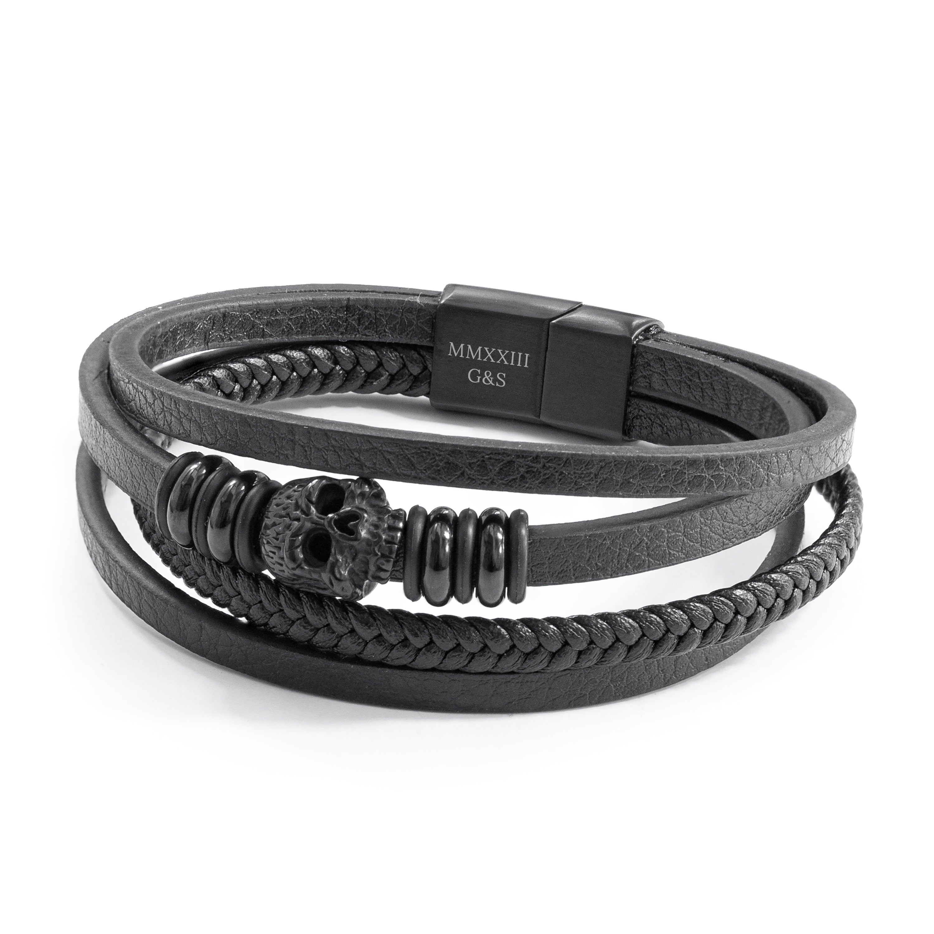 Personalised Men's Stacked Leather Skull Bracelet