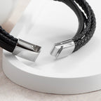 Personalised Men's Travel Compass Stacked Leather Bracelet