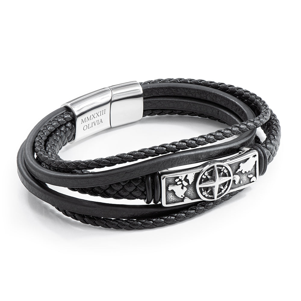 Personalised Men's Travel Compass Stacked Leather Bracelet