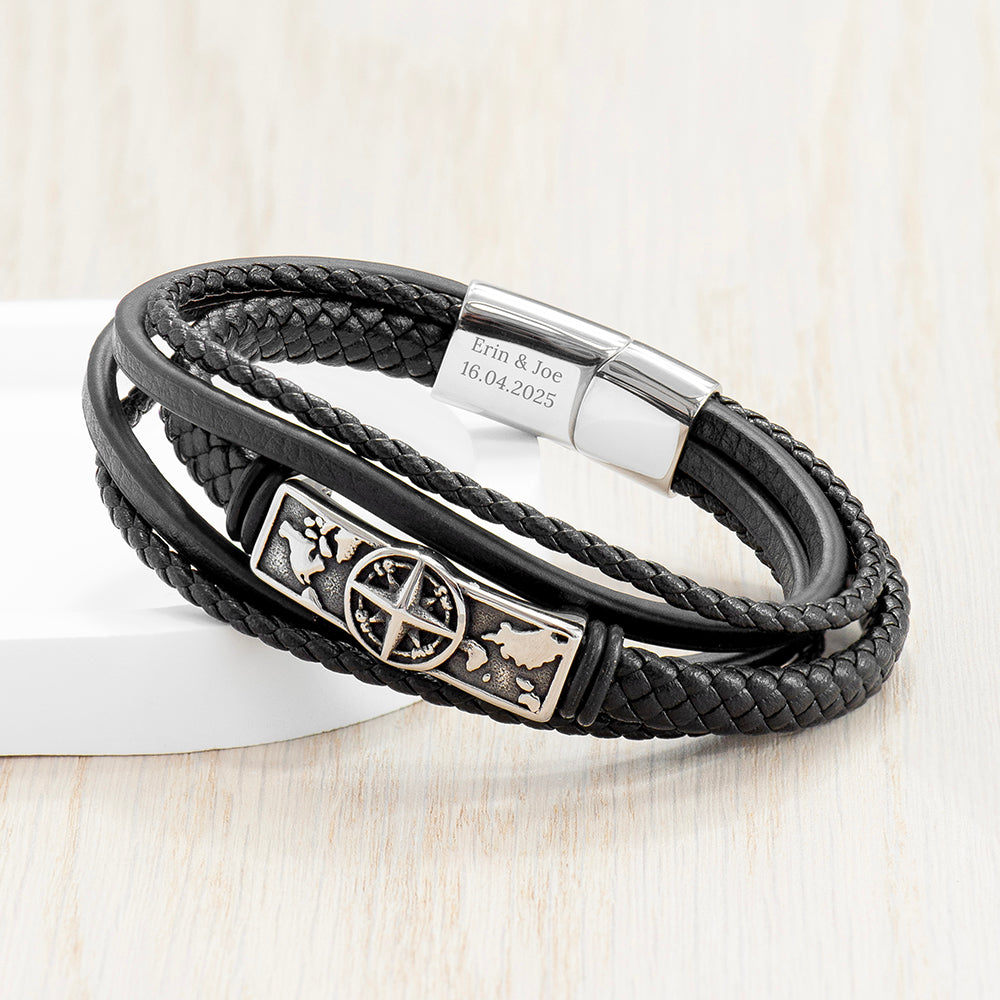 Personalised Men's Travel Compass Stacked Leather Bracelet