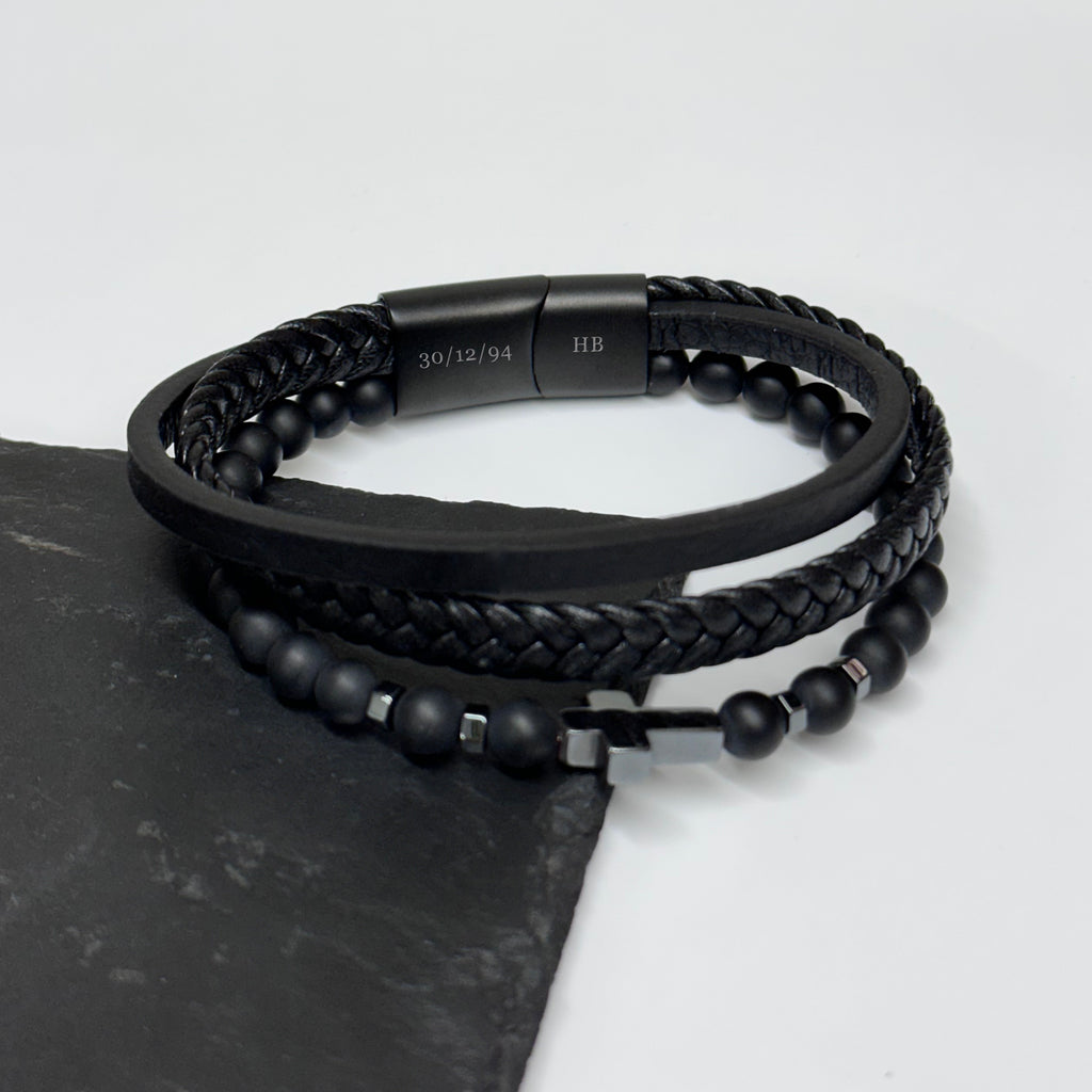 Personalised Men's Beaded and Stacked Leather Cross Bracelet