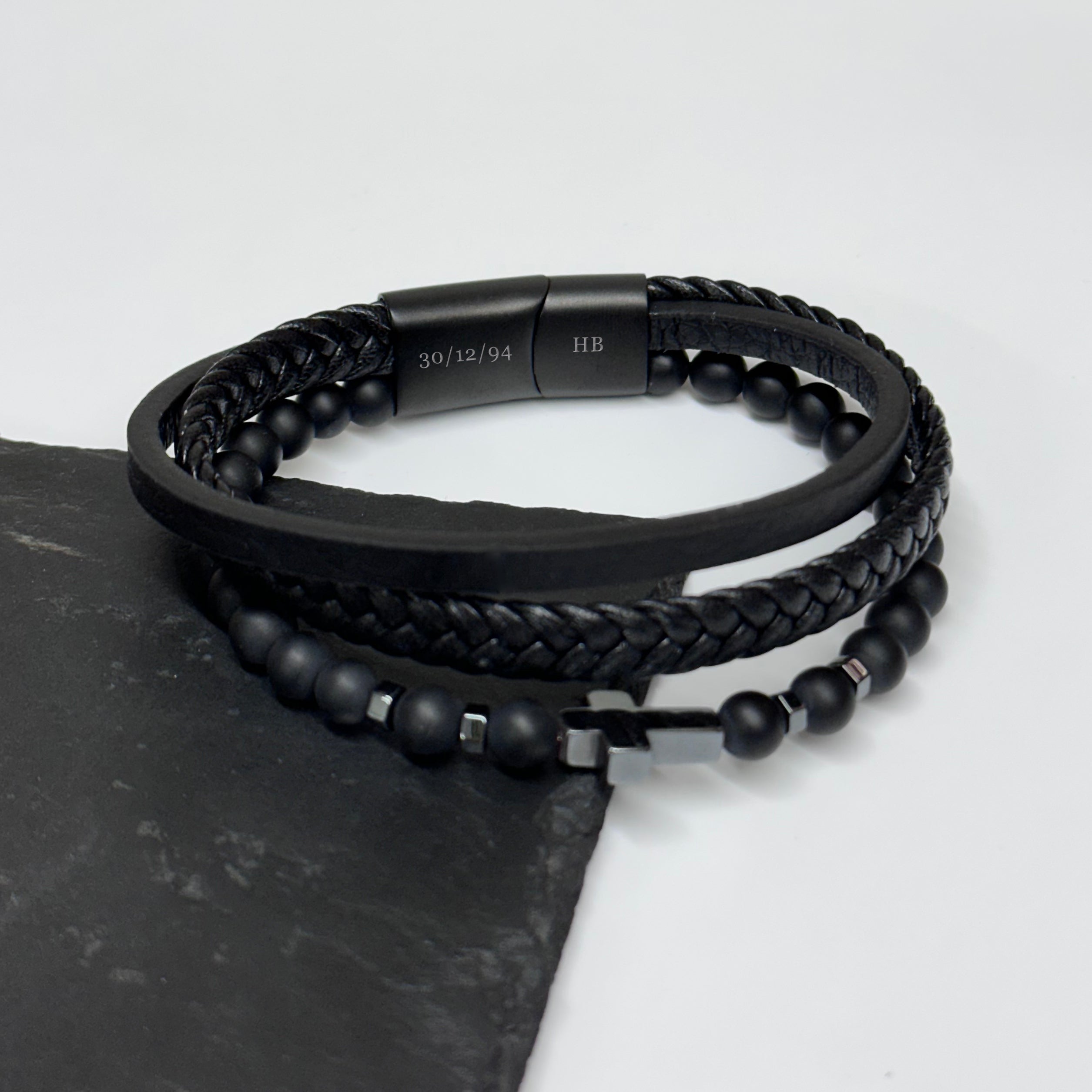 Personalised Men's Beaded and Stacked Leather Cross Bracelet
