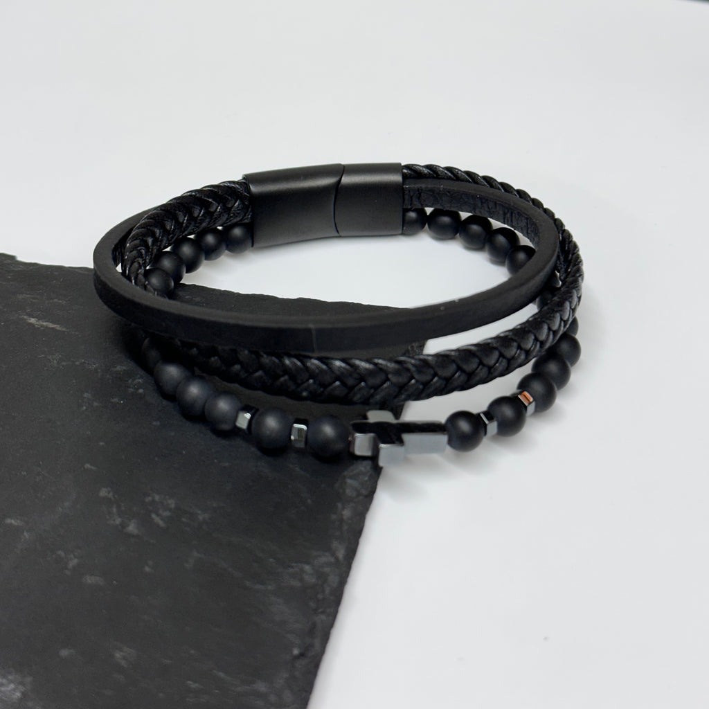 Personalised Men's Beaded and Stacked Leather Cross Bracelet