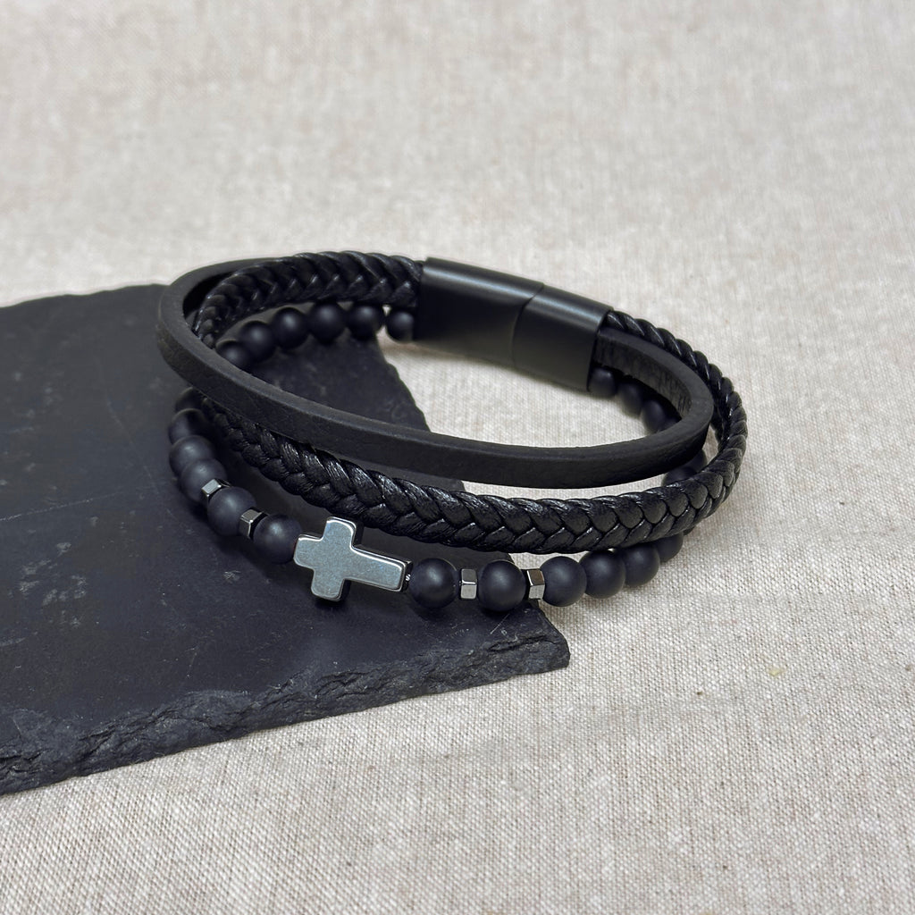 Personalised Men's Beaded and Stacked Leather Cross Bracelet