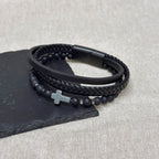 Personalised Men's Beaded and Stacked Leather Cross Bracelet