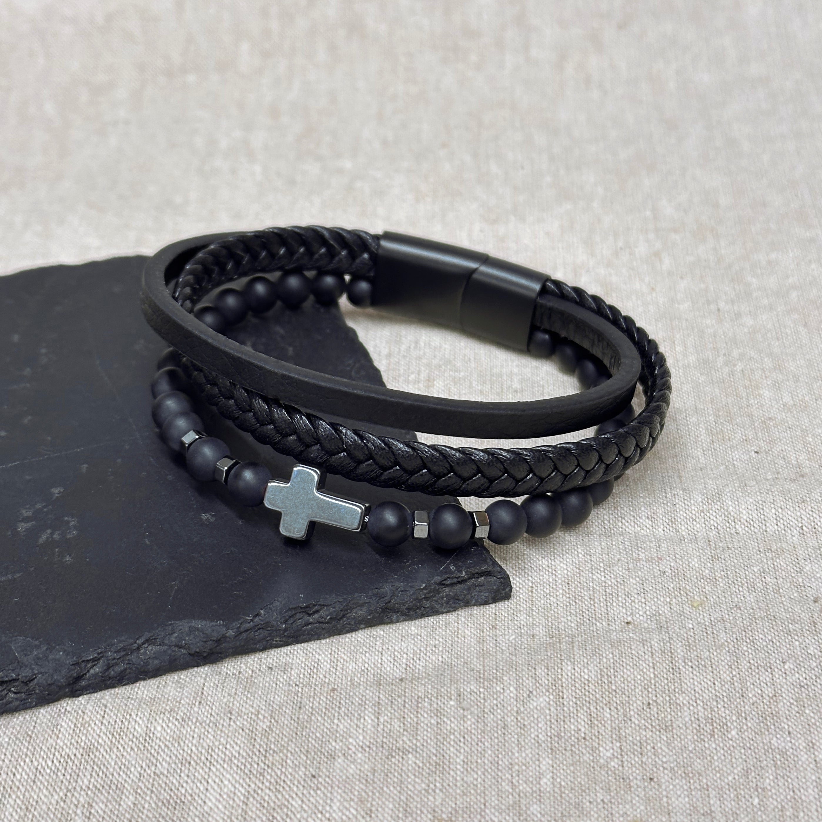 Personalised Men's Beaded and Stacked Leather Cross Bracelet