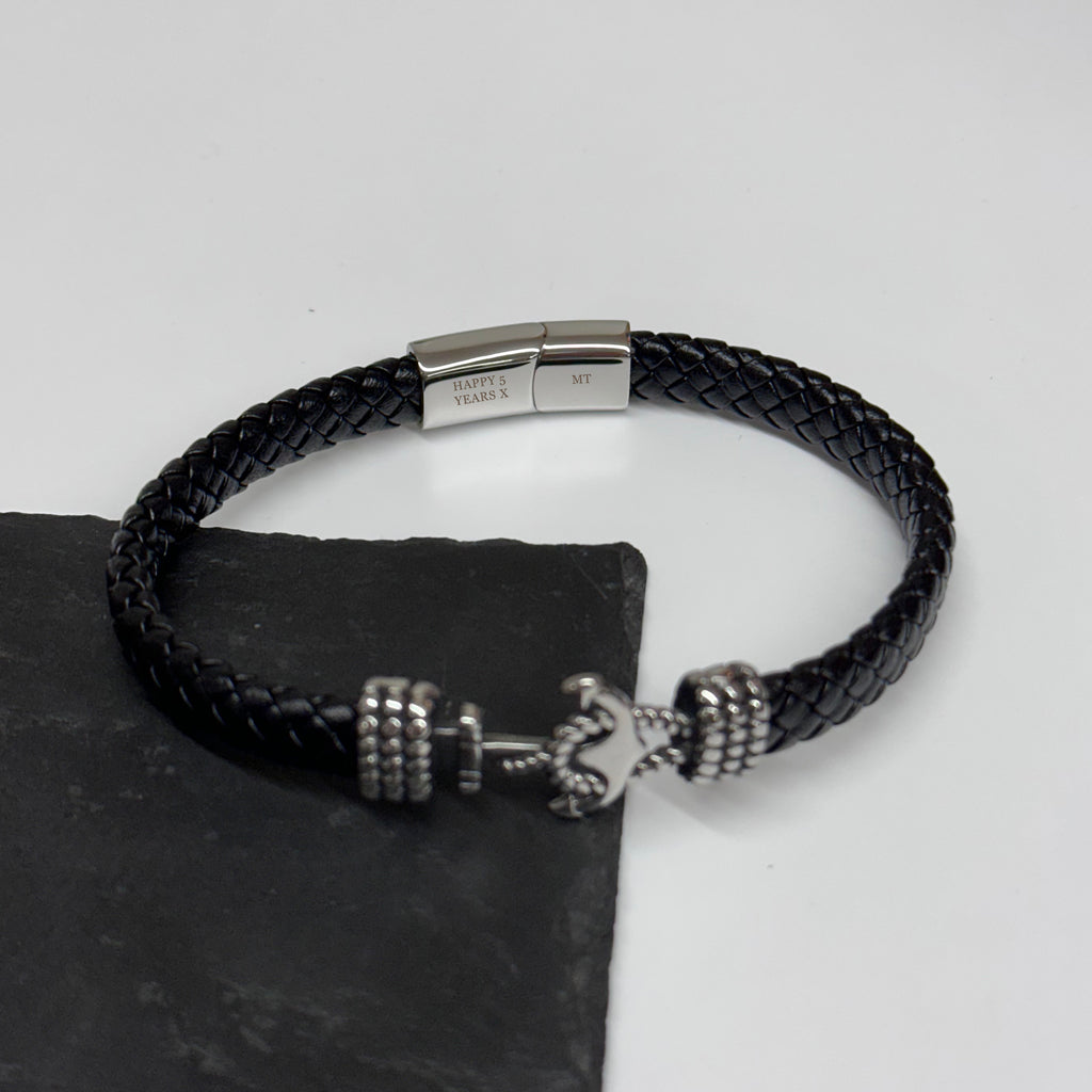 Personalised Men's Woven Leather Anchor Bracelet