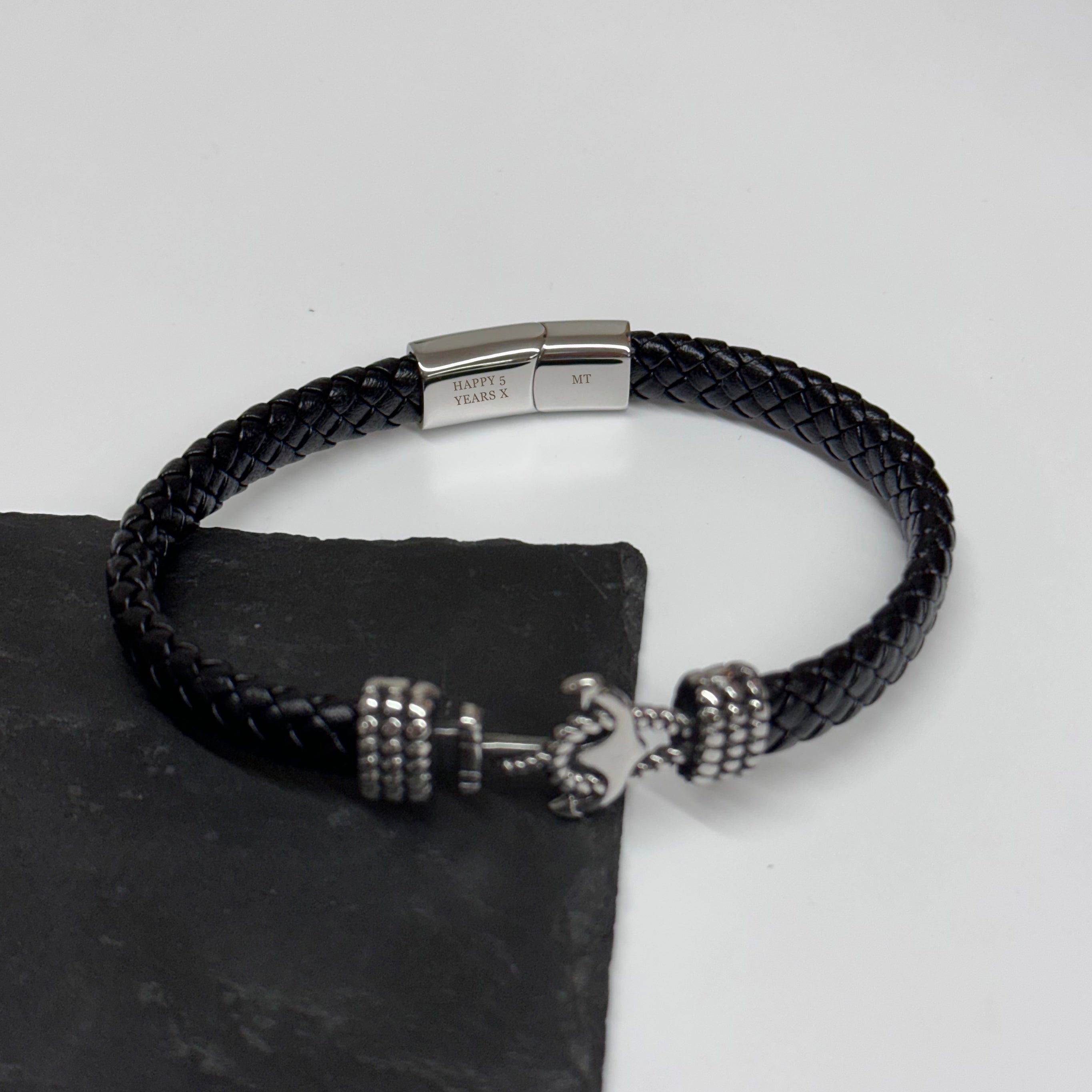 Personalised Men's Woven Leather Anchor Bracelet