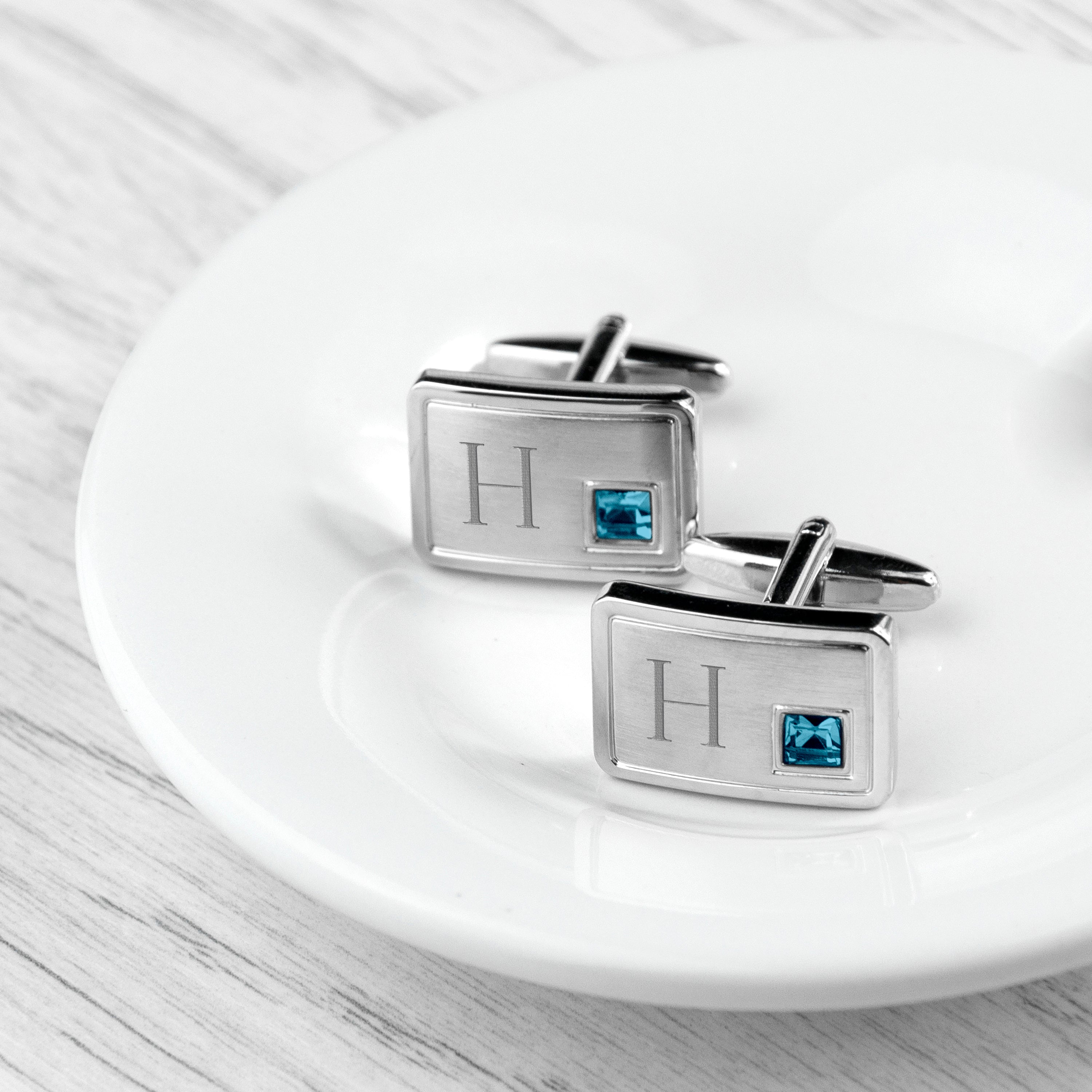 Personalised Rhodium Plated Birthstone Crystal Cufflink Set