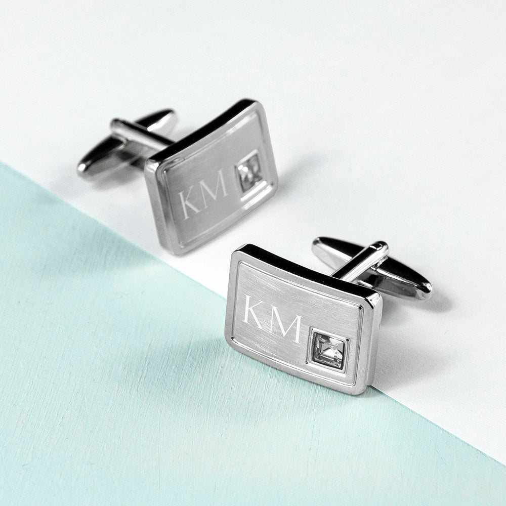 Personalised Rhodium Plated Birthstone Crystal Cufflink Set