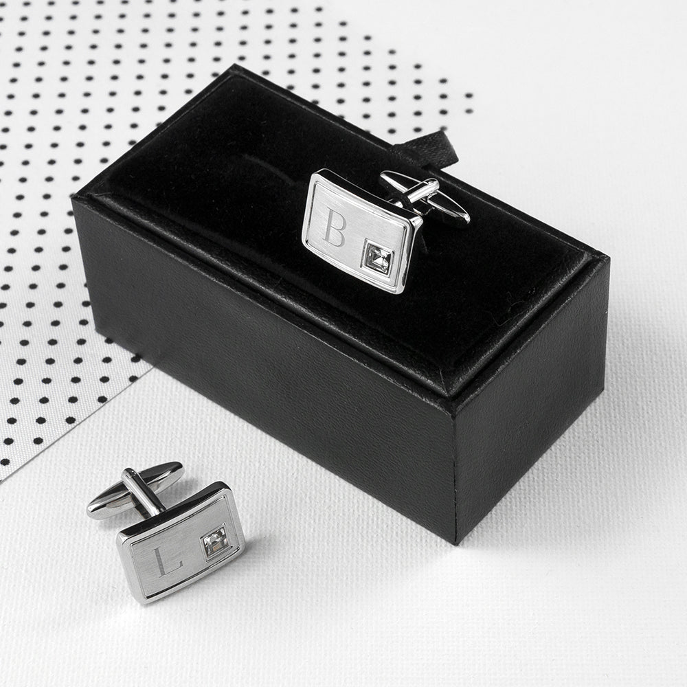Personalised Rhodium Plated Birthstone Crystal Cufflink Set