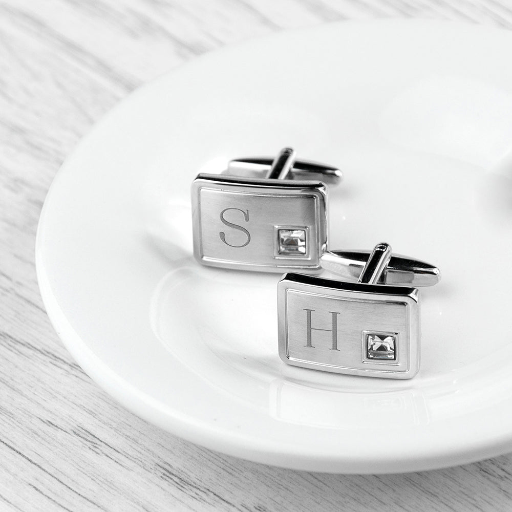 Personalised Rhodium Plated Birthstone Crystal Cufflink Set