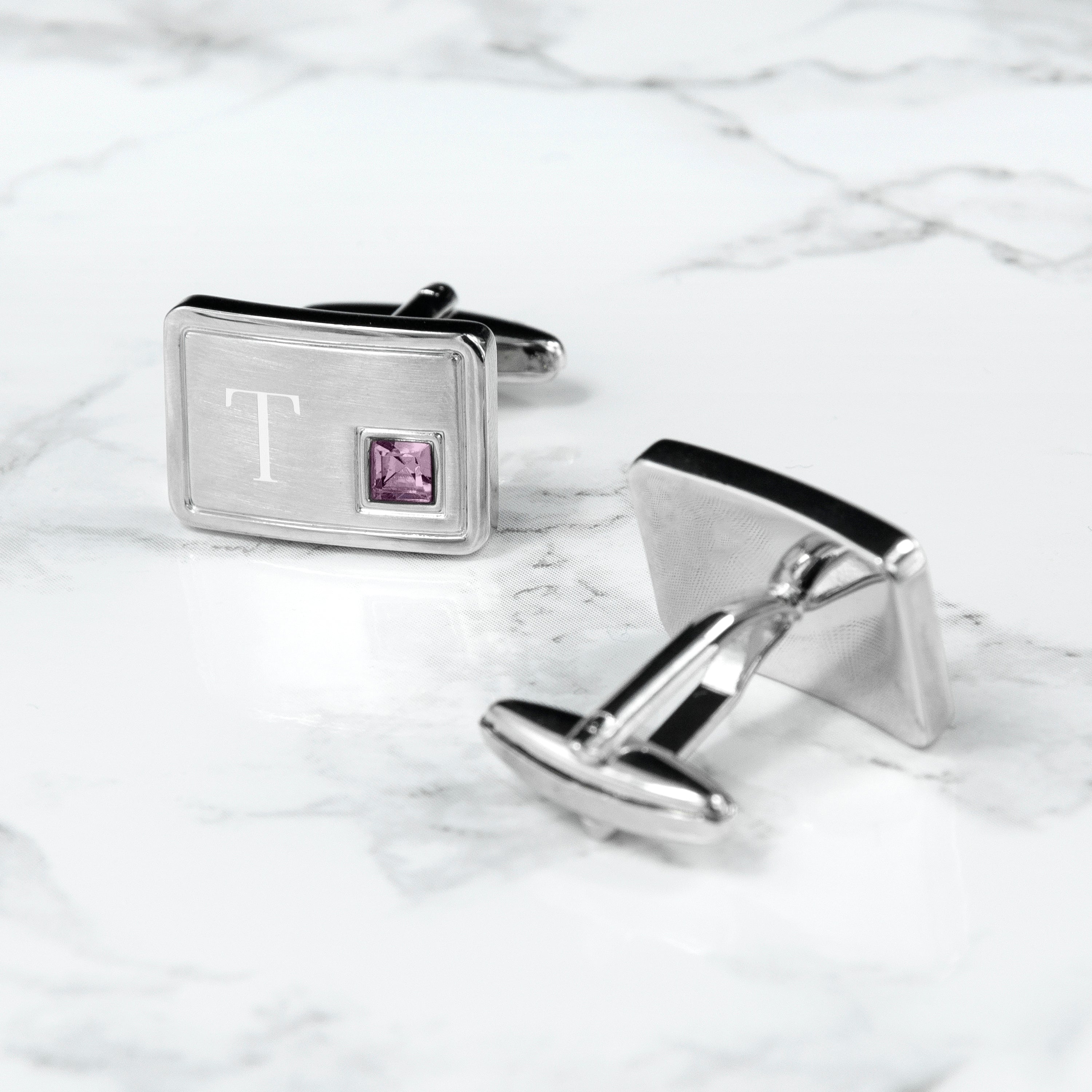 Personalised Rhodium Plated Birthstone Crystal Cufflink Set