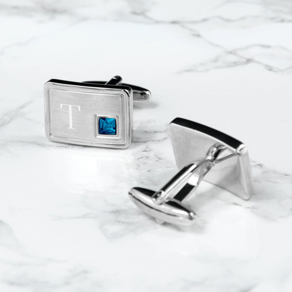 Personalised Rhodium Plated Birthstone Crystal Cufflink Set