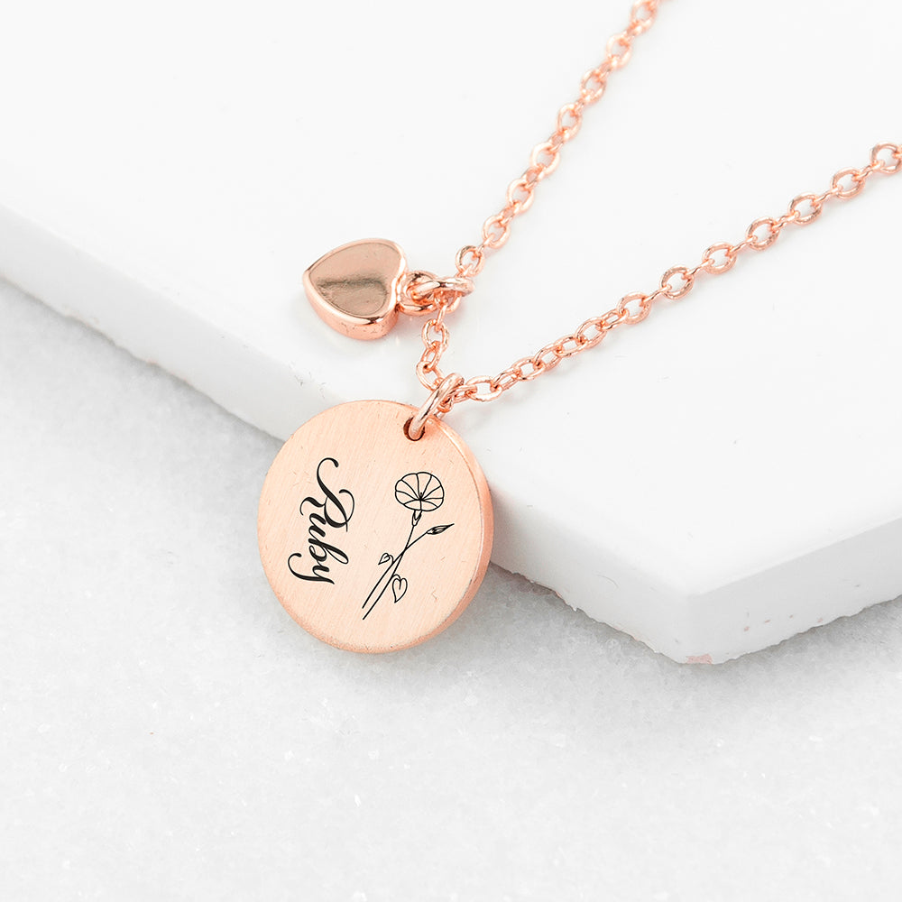 Personalised Birth Flower Heart and Disc Necklace