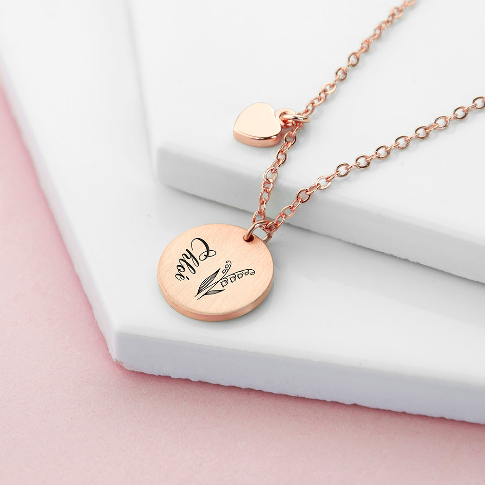 Personalised Birth Flower Heart and Disc Necklace