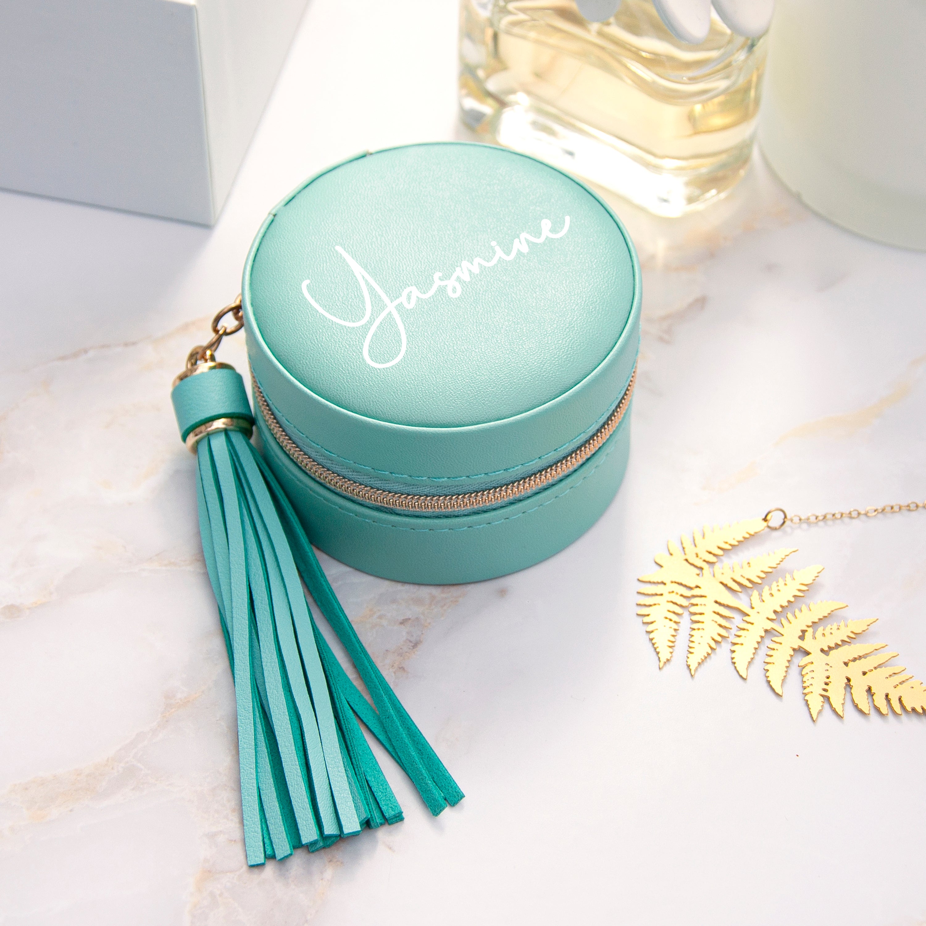 Personalised Treat Republic Turquoise Jewellery Case with Tassel