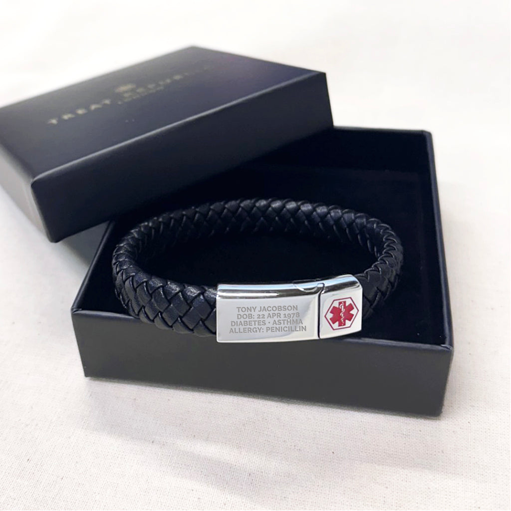 Personalised Men's Woven Leather Medical Bracelet
