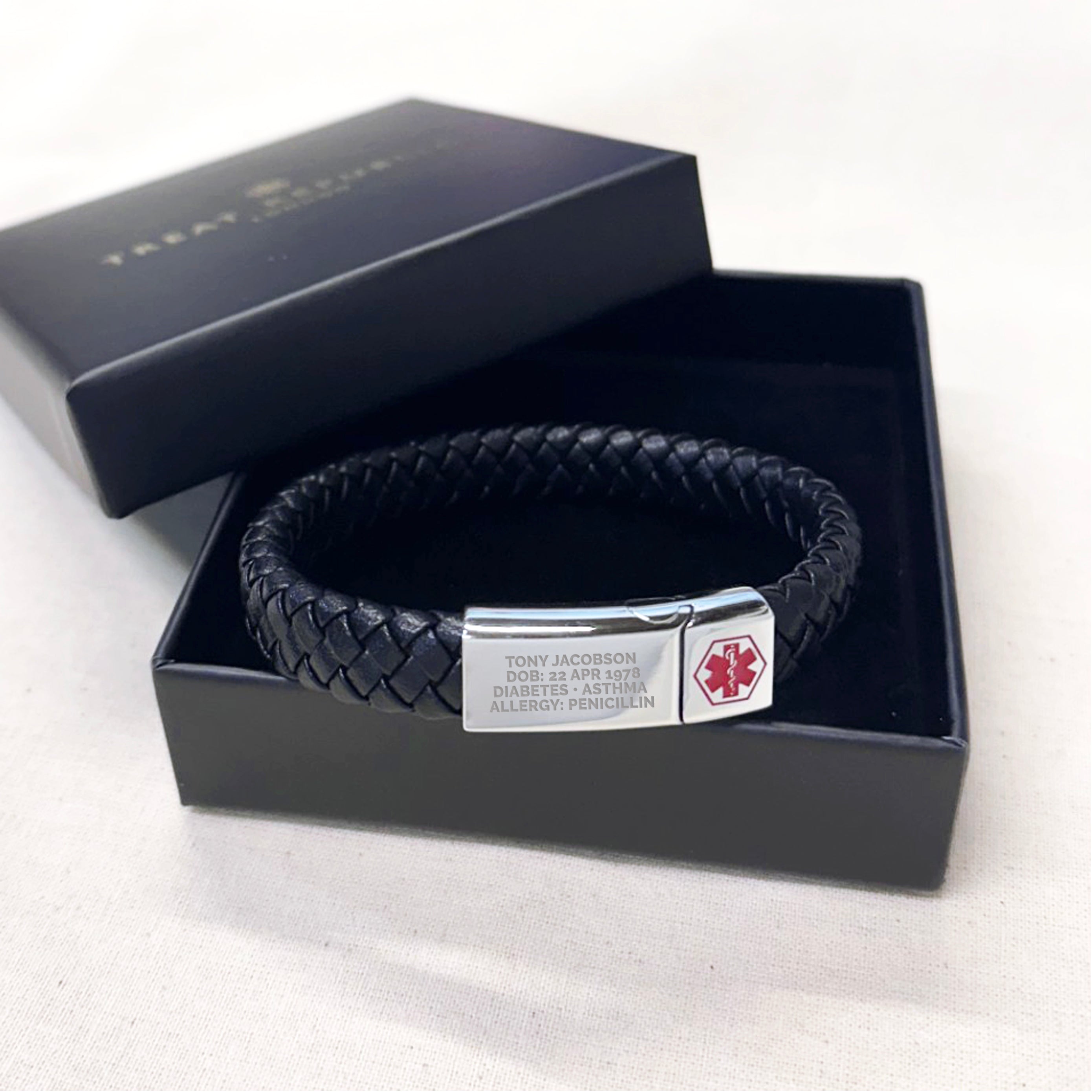 Personalised Men's Woven Leather Medical Bracelet