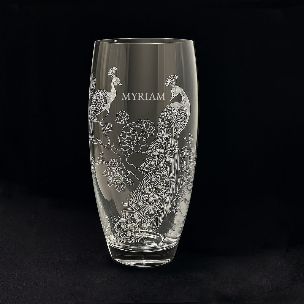 Personalised Peacock Crystal Barrel Vase