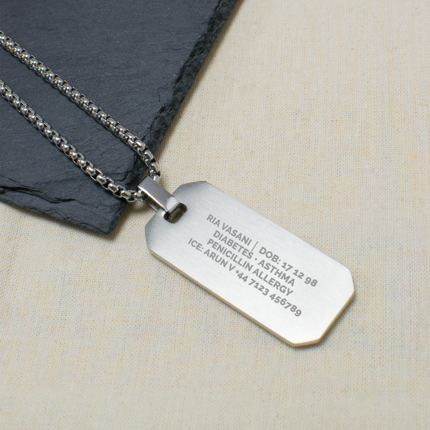 Personalised Men's Brushed Steel Medical Dog Tag Necklace