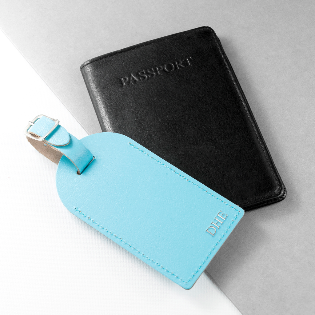 Personalised Pastel Blue Foiled Leather Luggage Tag