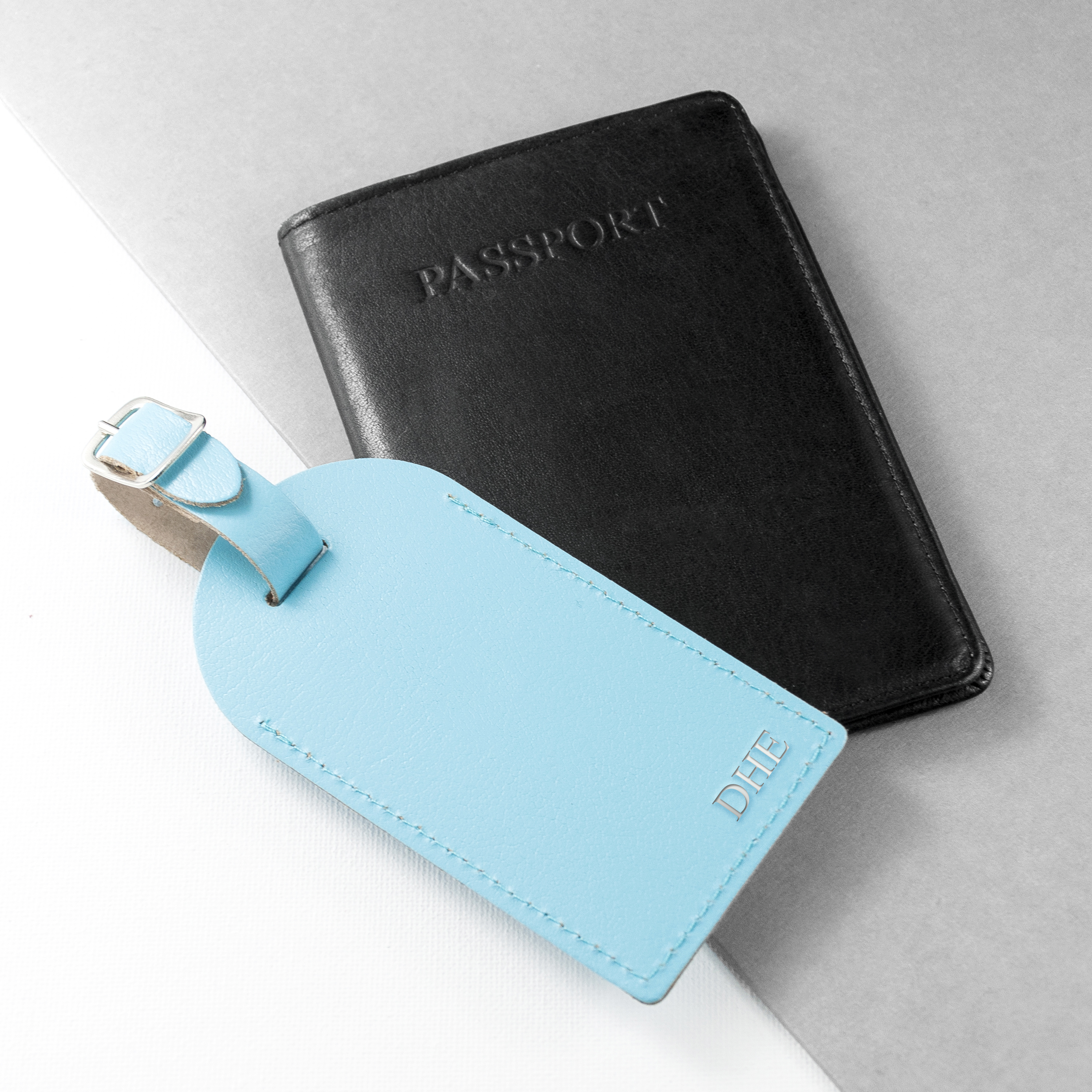 Personalised Pastel Blue Foiled Leather Luggage Tag