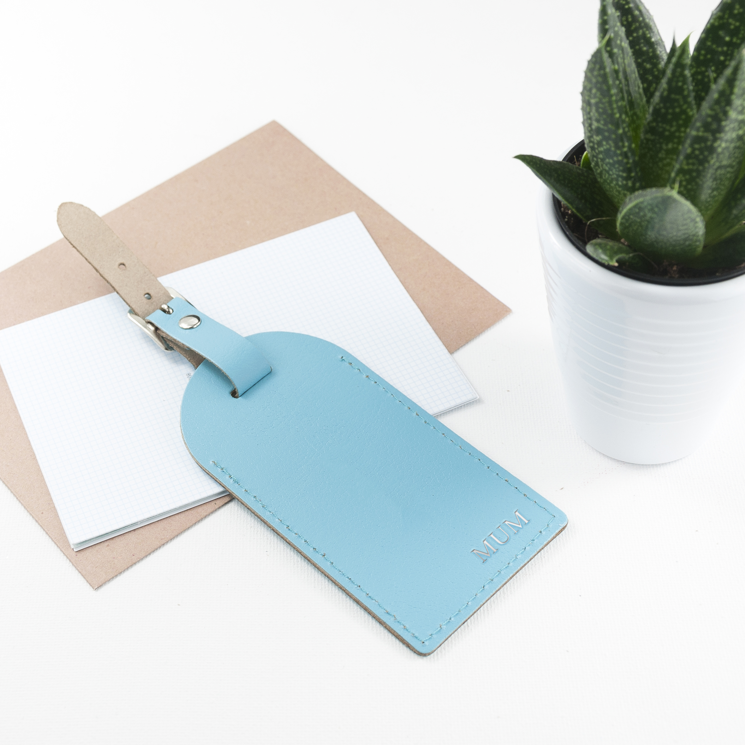 Personalised Pastel Blue Foiled Leather Luggage Tag