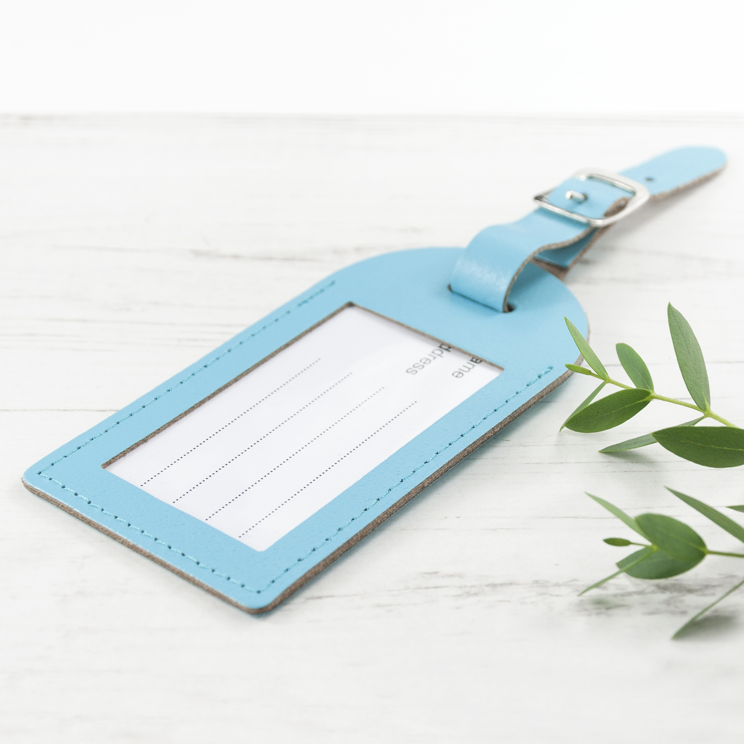 Personalised Pastel Blue Foiled Leather Luggage Tag