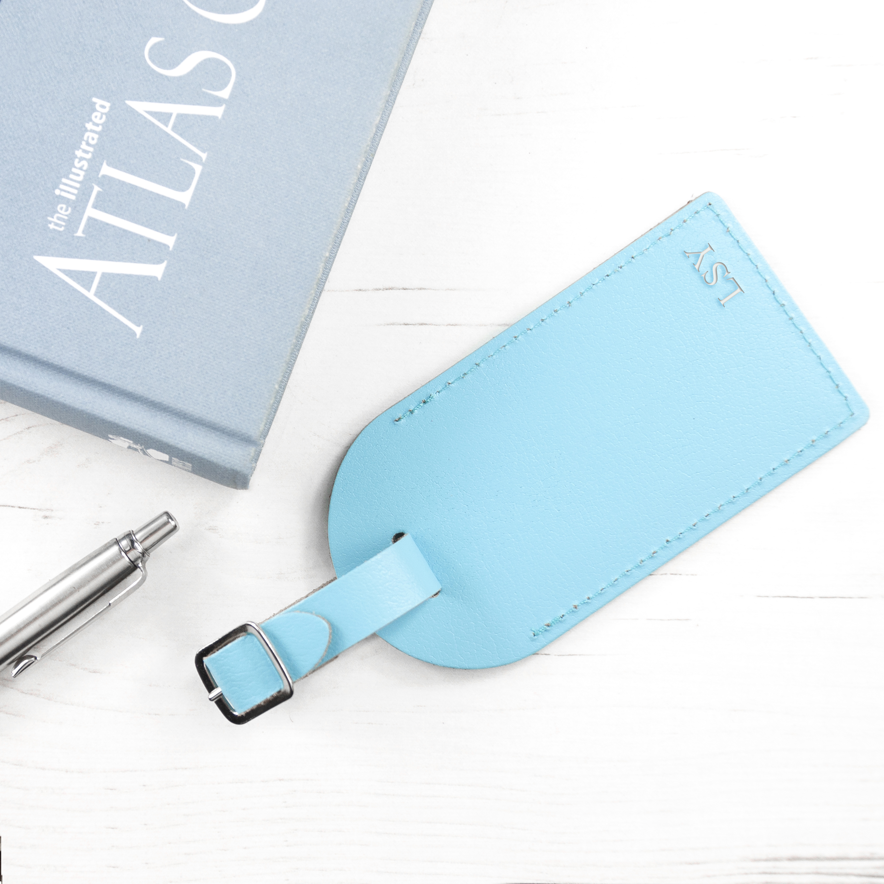 Personalised Pastel Blue Foiled Leather Luggage Tag