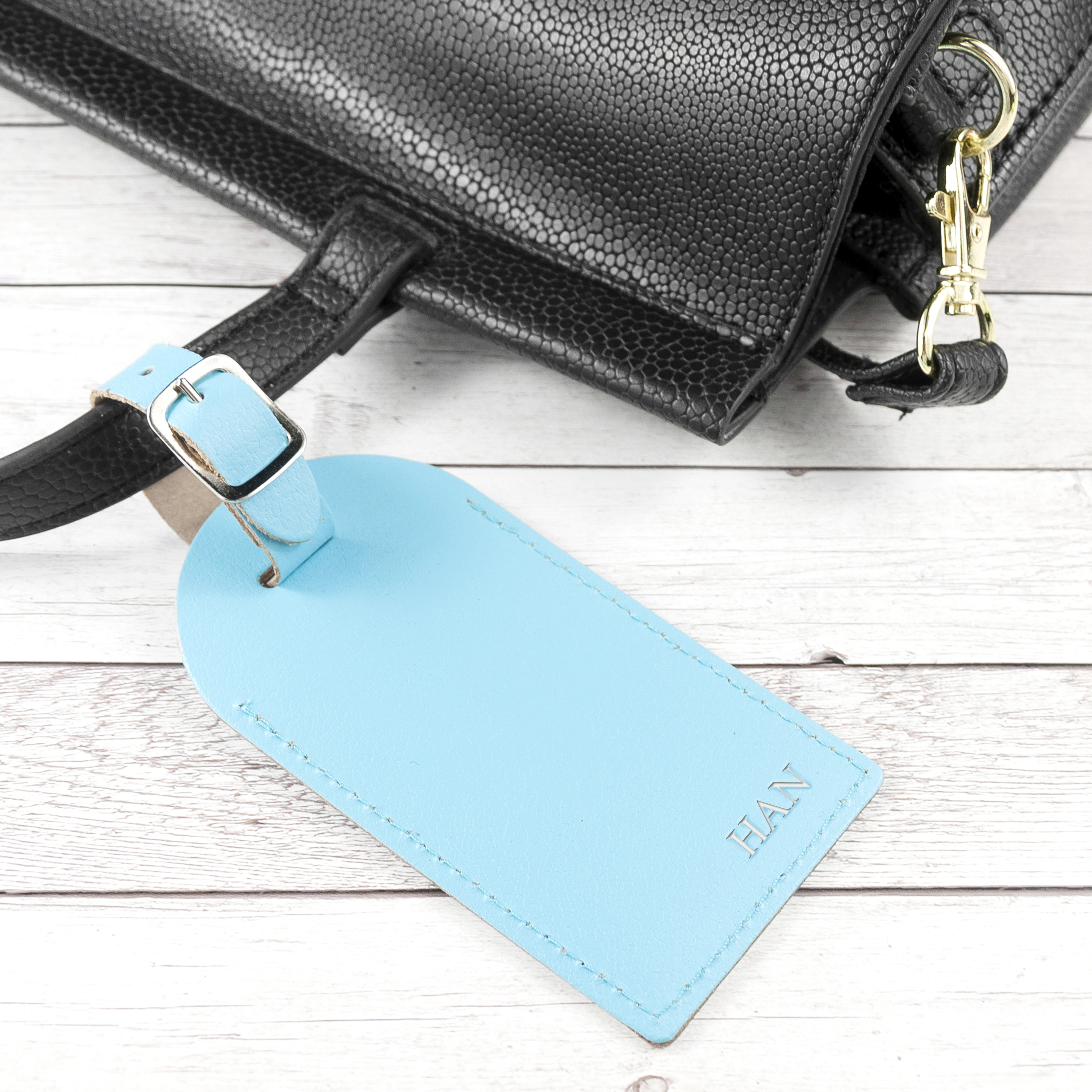 Personalised Pastel Blue Foiled Leather Luggage Tag