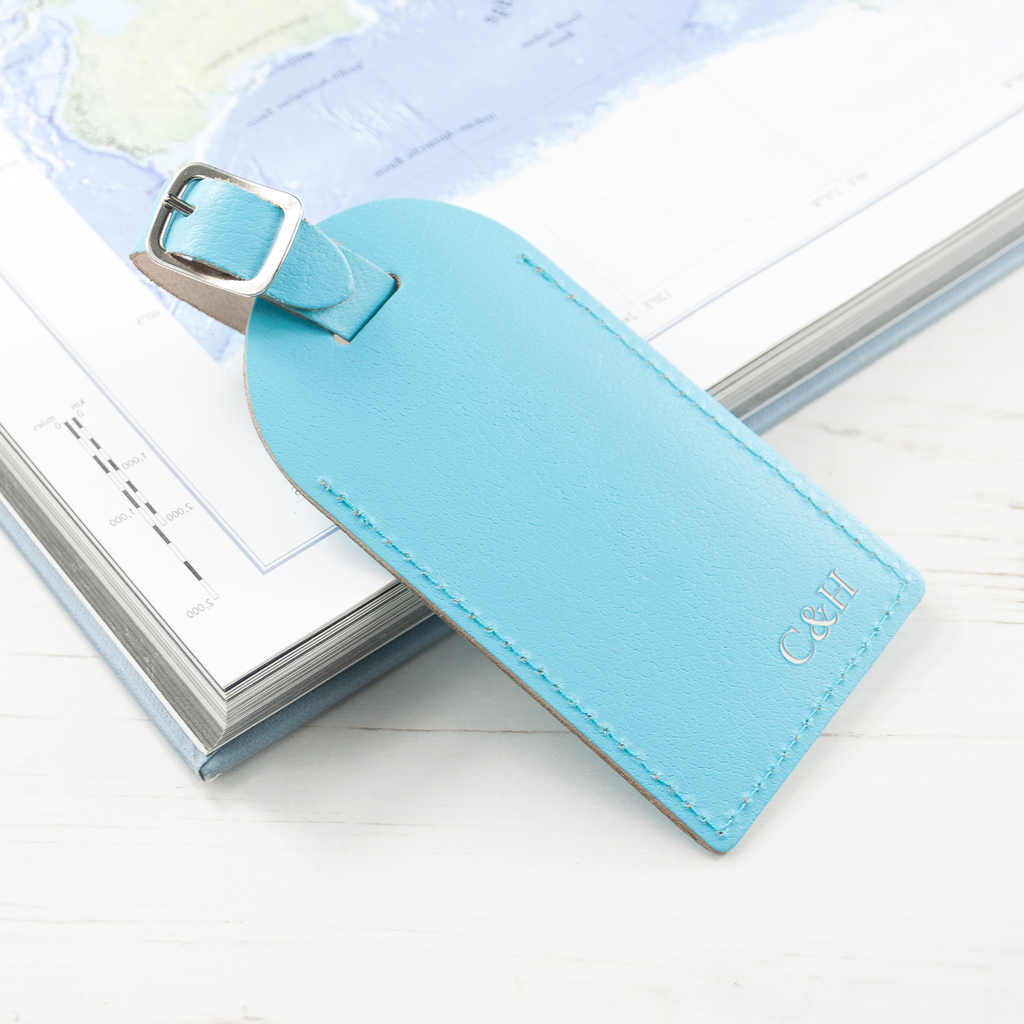 Personalised Pastel Blue Foiled Leather Luggage Tag
