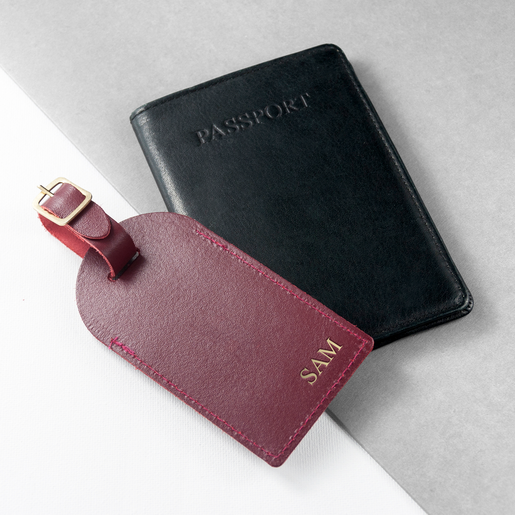 Personalised Burgundy Foiled Leather Luggage Tag