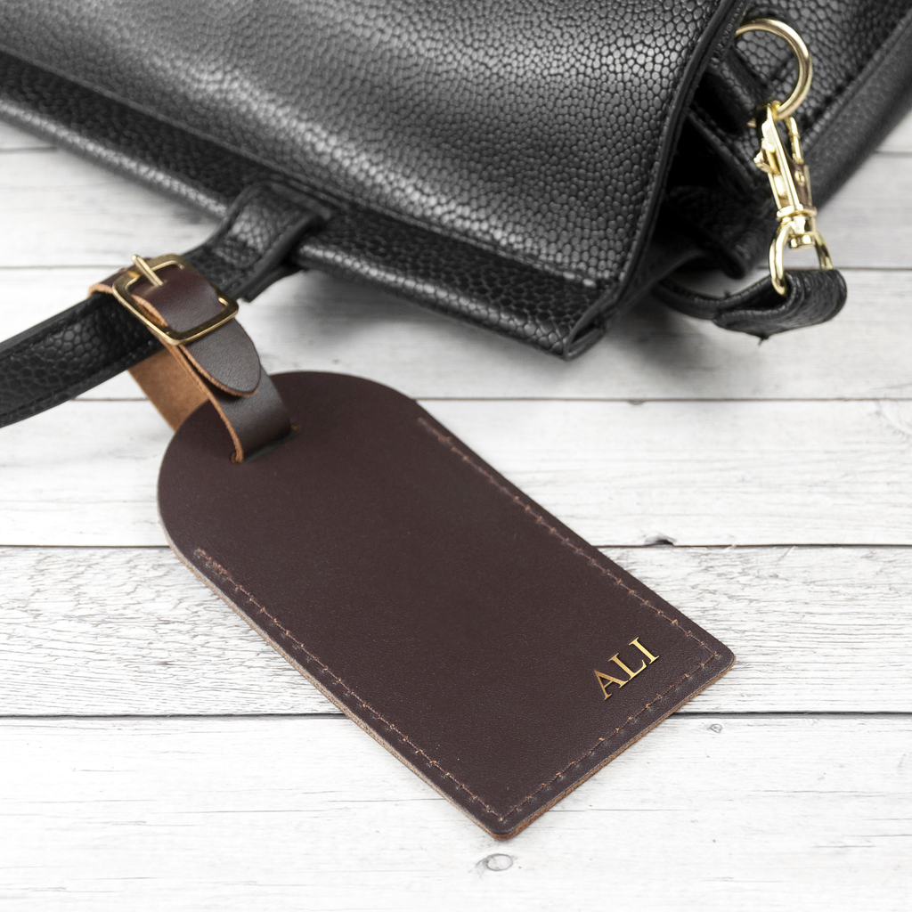 Personalised Brown Foiled Leather Luggage Tag