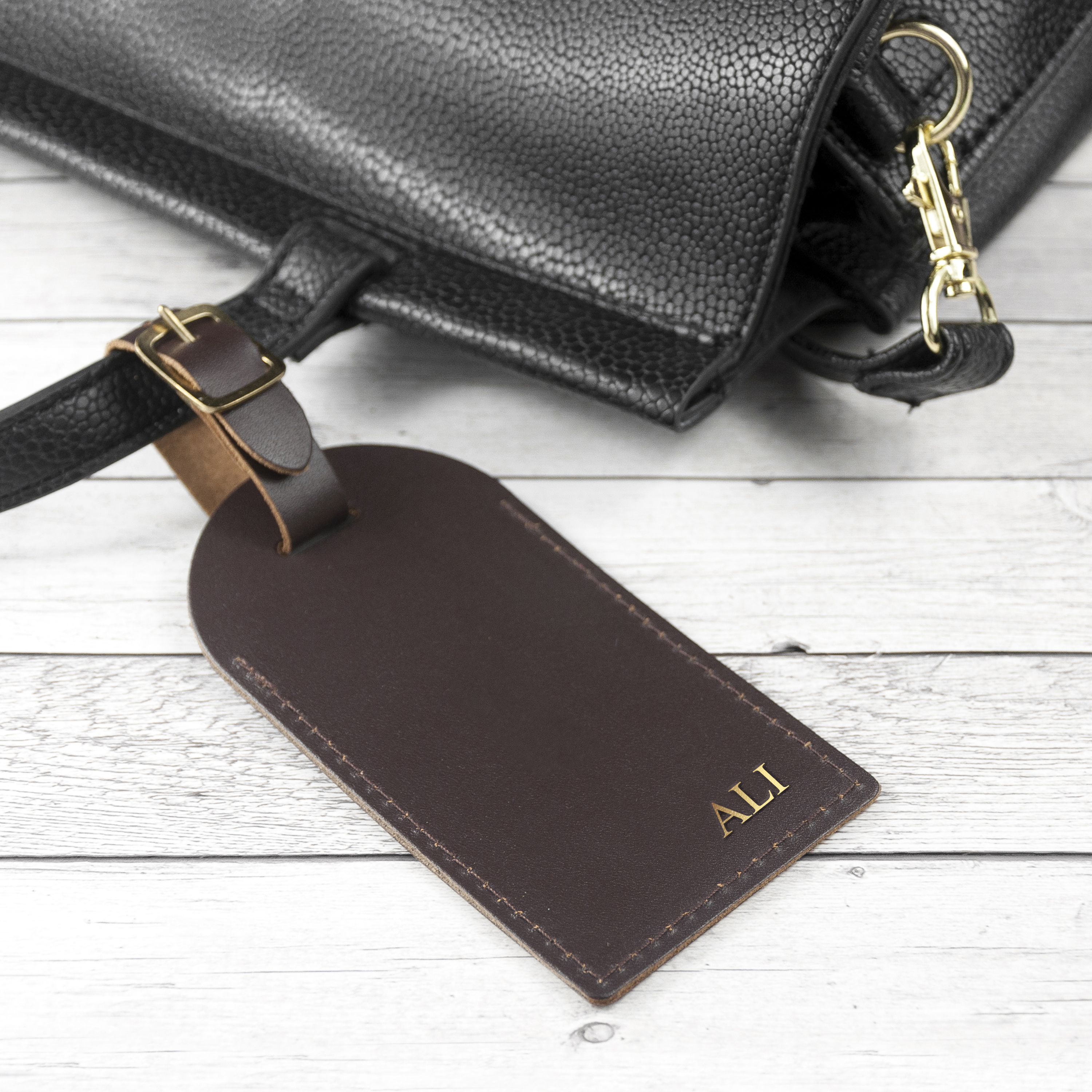 Personalised Brown Foiled Leather Luggage Tag