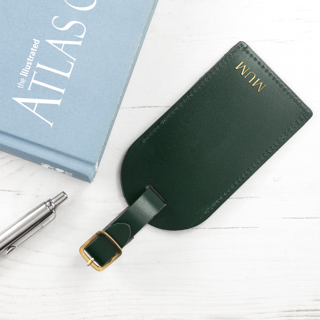 Personalised Dark Green Foiled Leather Luggage Tag