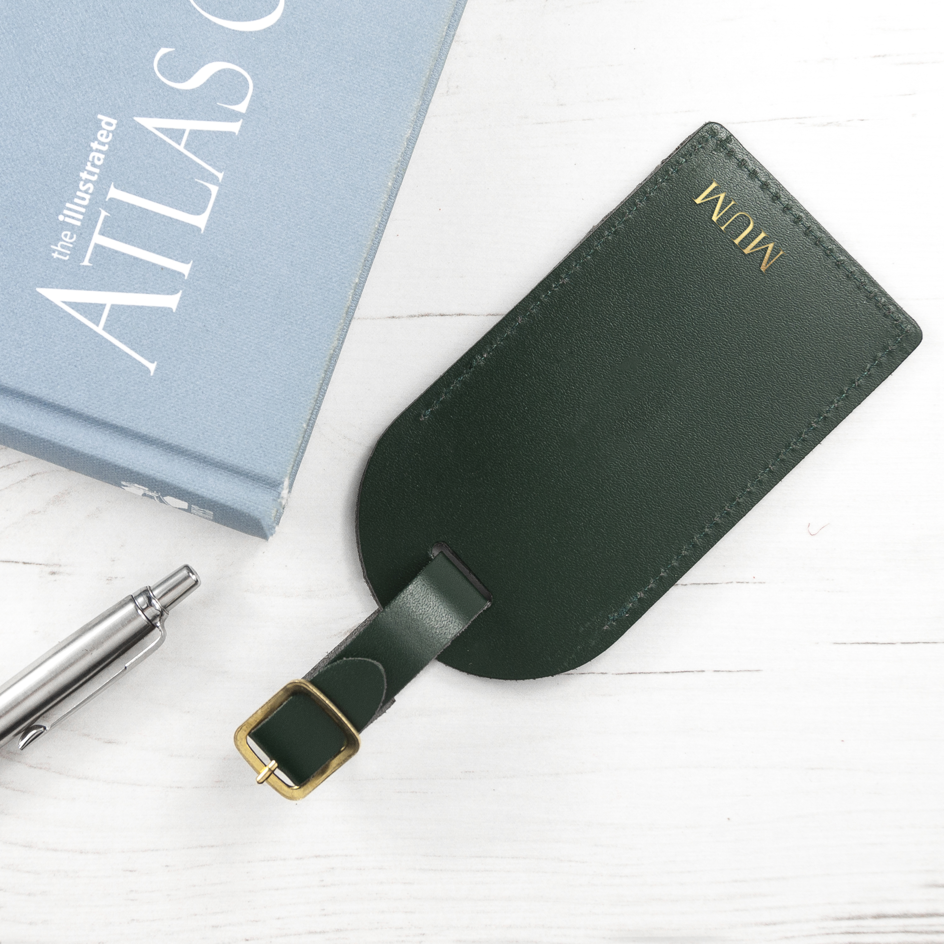 Personalised Dark Green Foiled Leather Luggage Tag