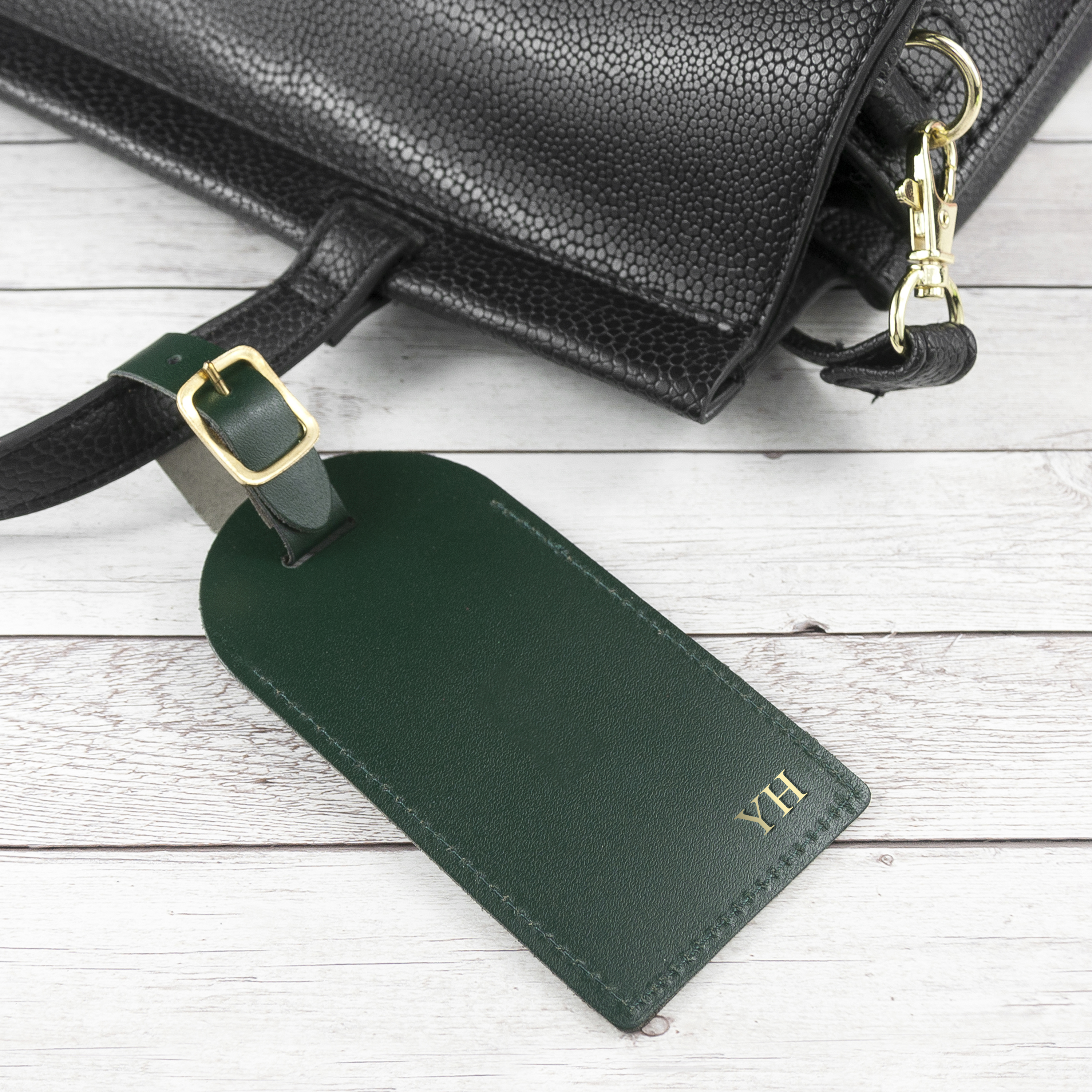Personalised Dark Green Foiled Leather Luggage Tag