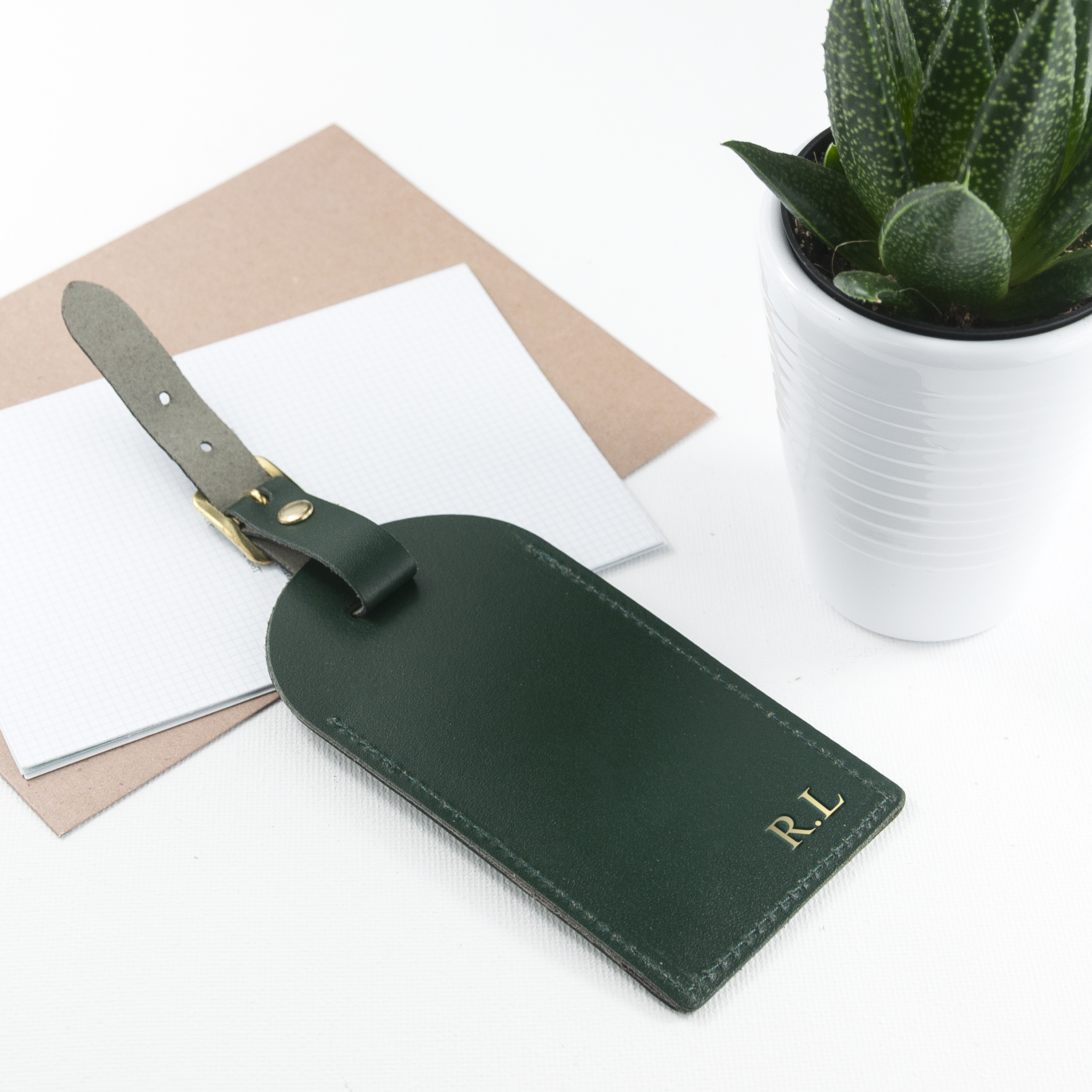 Personalised Dark Green Foiled Leather Luggage Tag