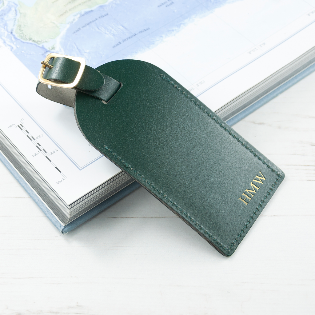 Personalised Dark Green Foiled Leather Luggage Tag